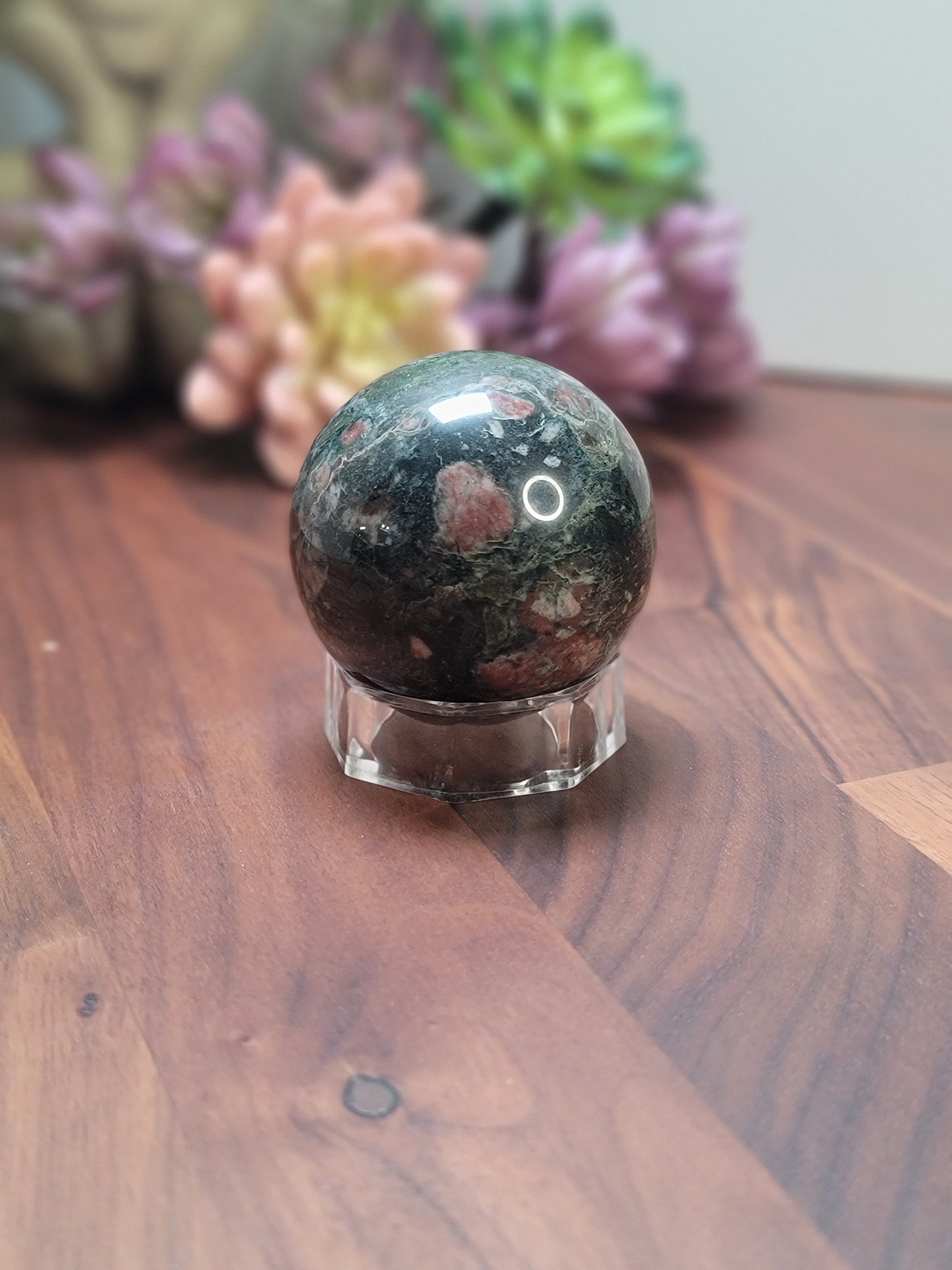 Eclogite Garnet Sphere: Green, Pink, and White Crystal (56 MM)