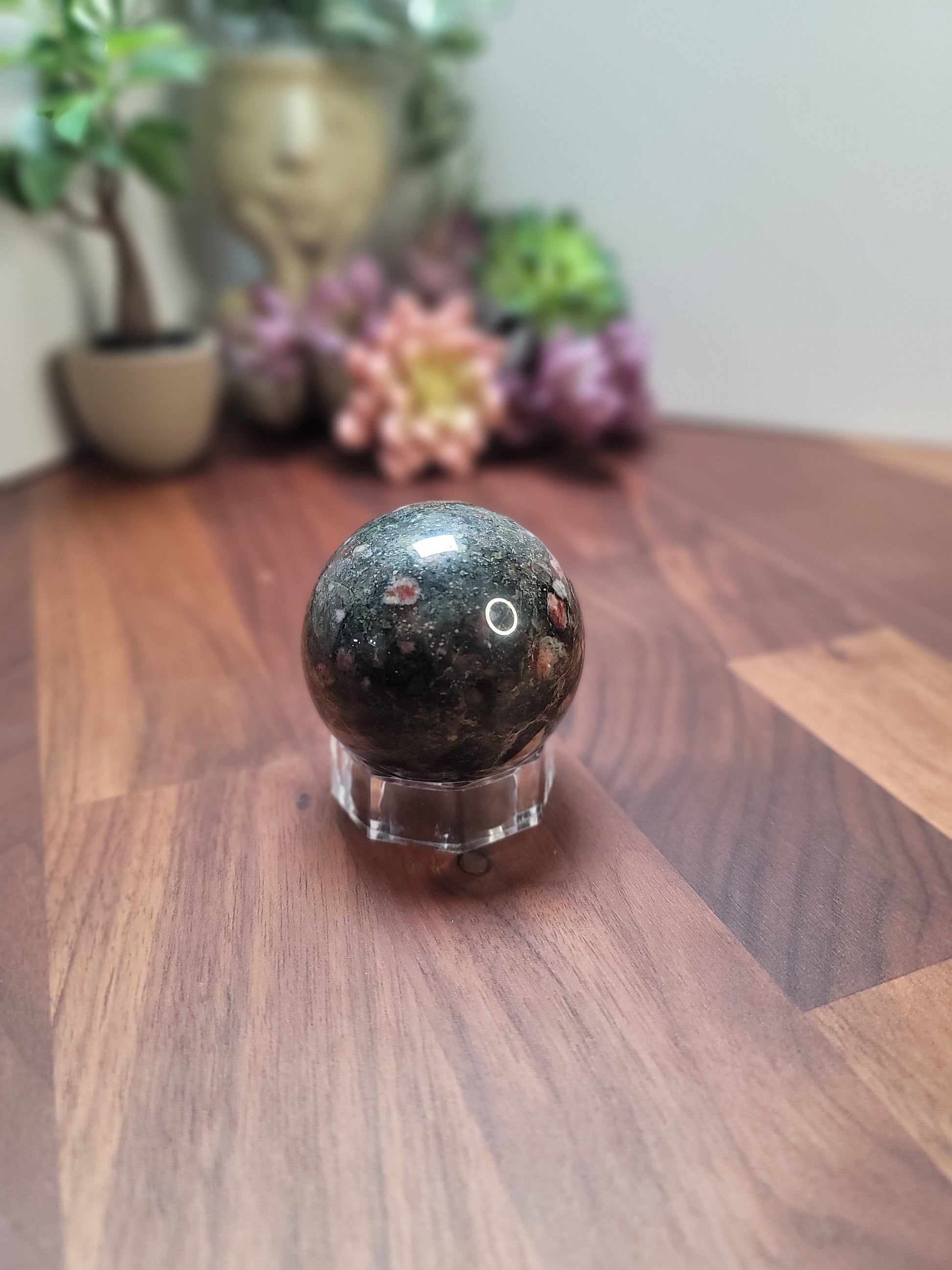 Eclogite Garnet Sphere: Green, Pink, and White Crystal (56 MM)