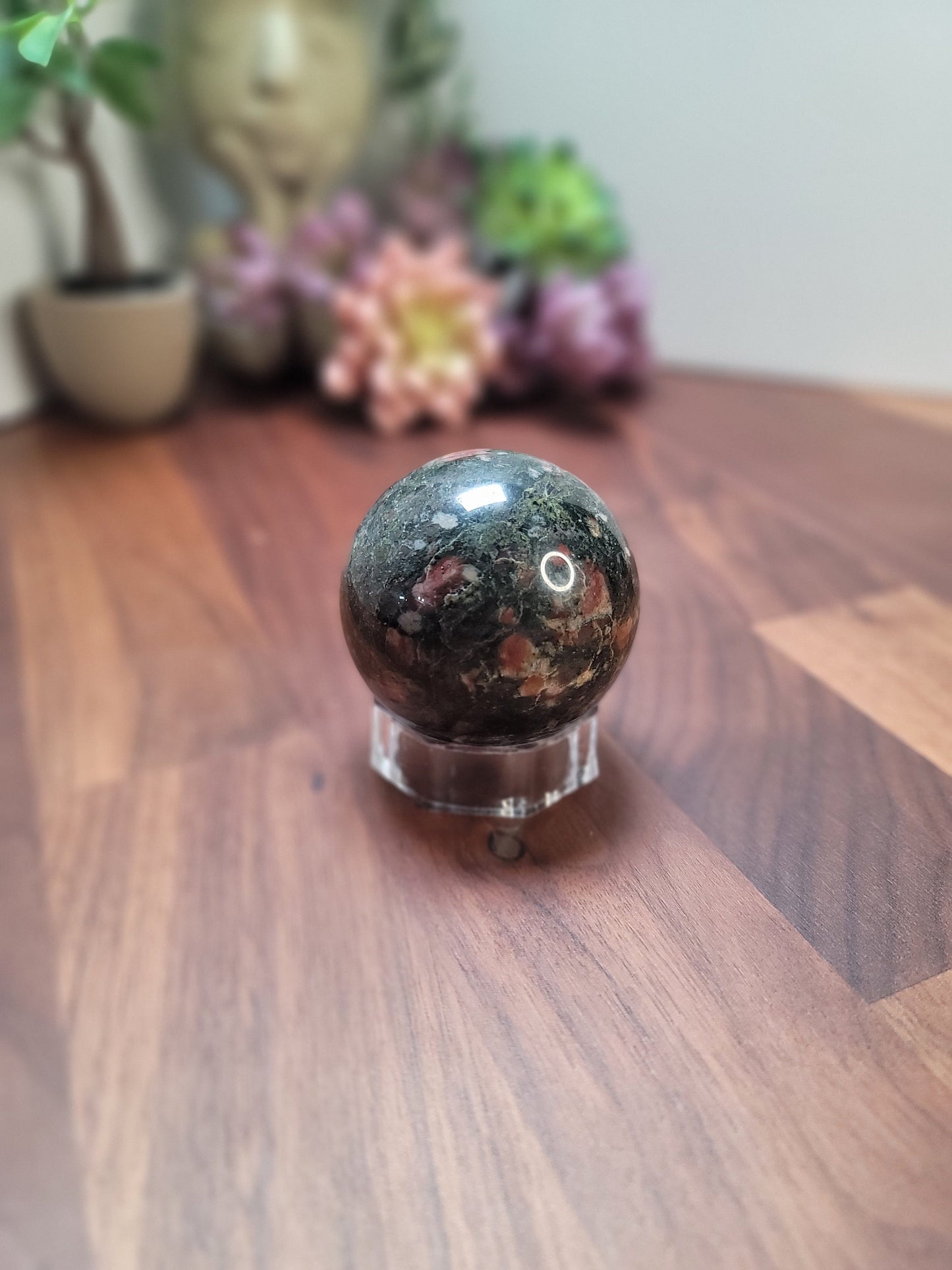 Eclogite Garnet Sphere: Green, Pink, and White Crystal (56 MM)