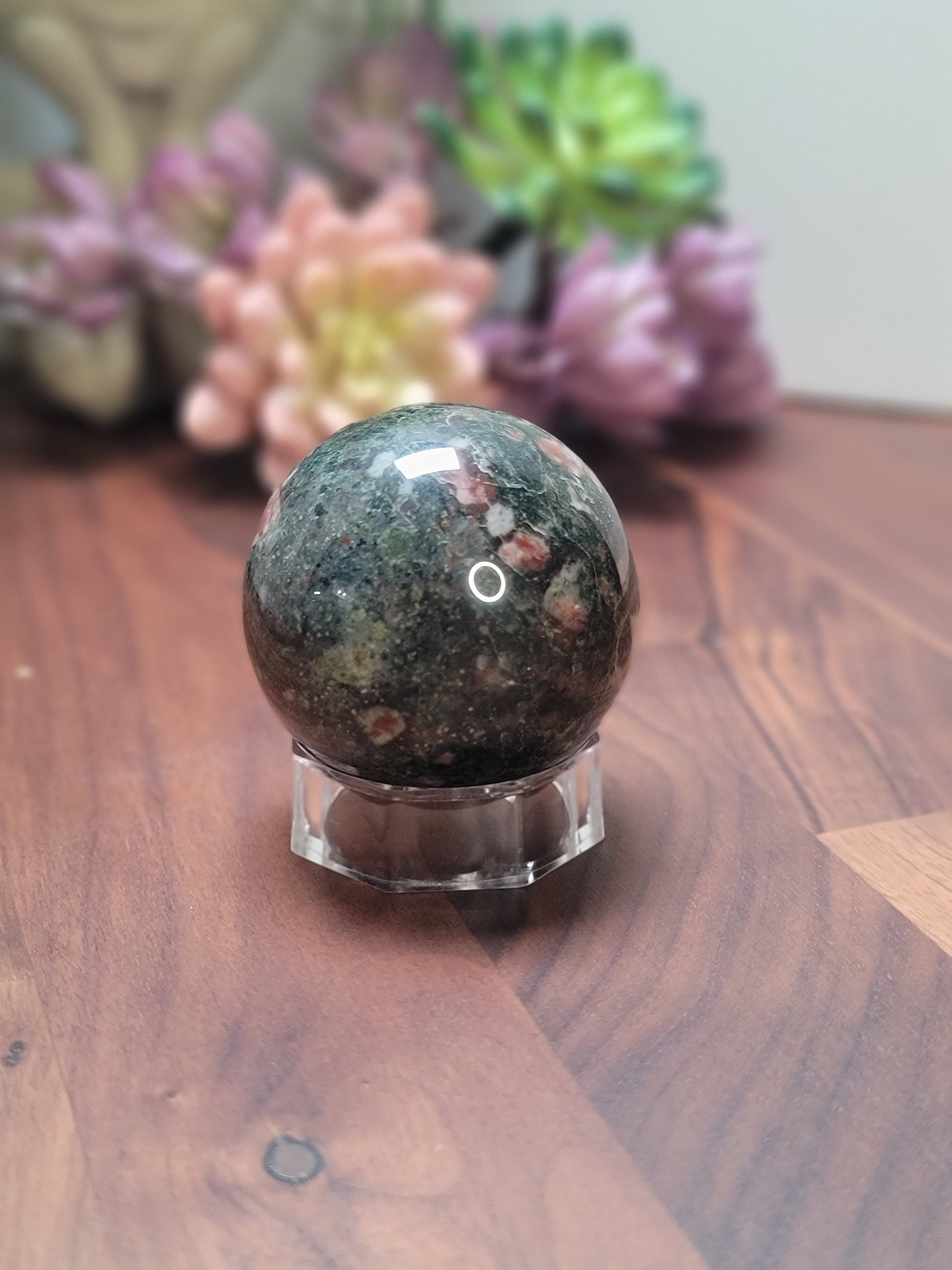 Eclogite Garnet Sphere: Green, Pink, and White Crystal (56 MM)