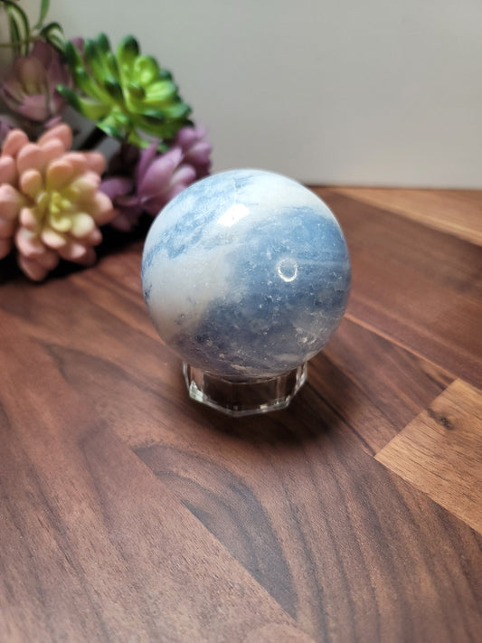 Blue Calcite Sphere: 69mm Crystal with White Quartz Swirls