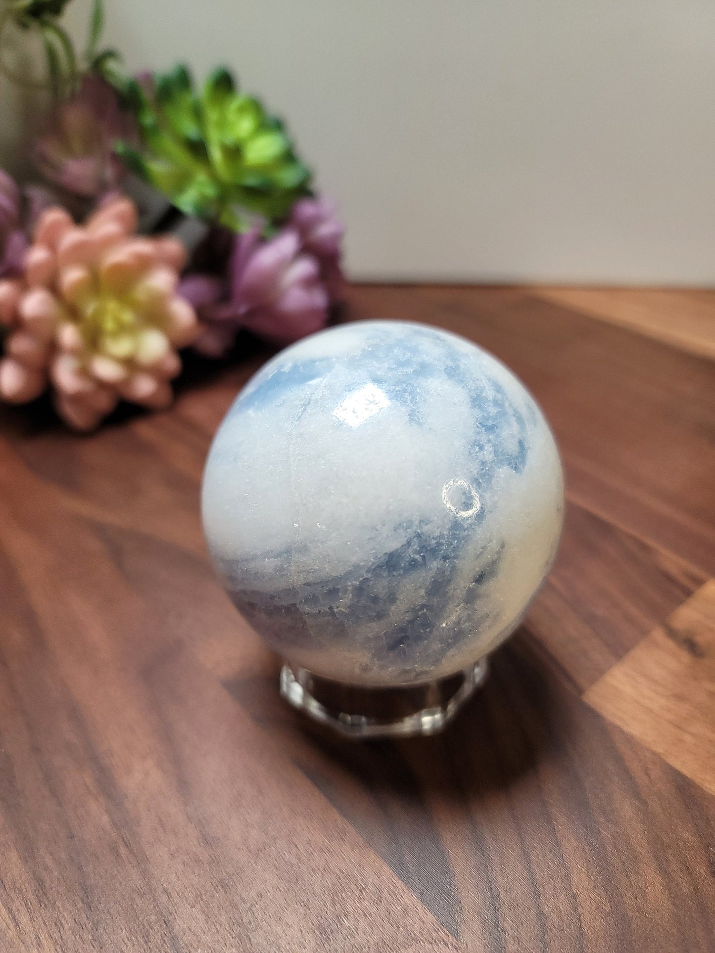 Blue Calcite Sphere: 69mm Crystal with White Quartz Swirls