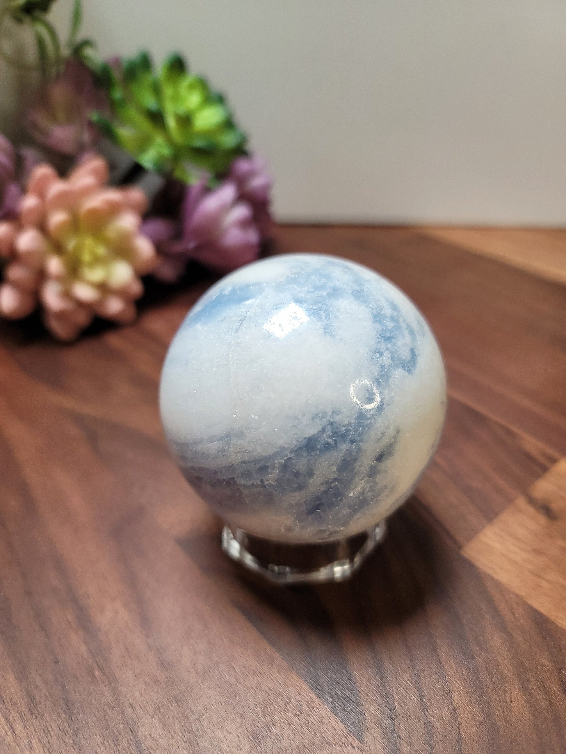Blue Calcite Sphere: 69mm Crystal with White Quartz Swirls