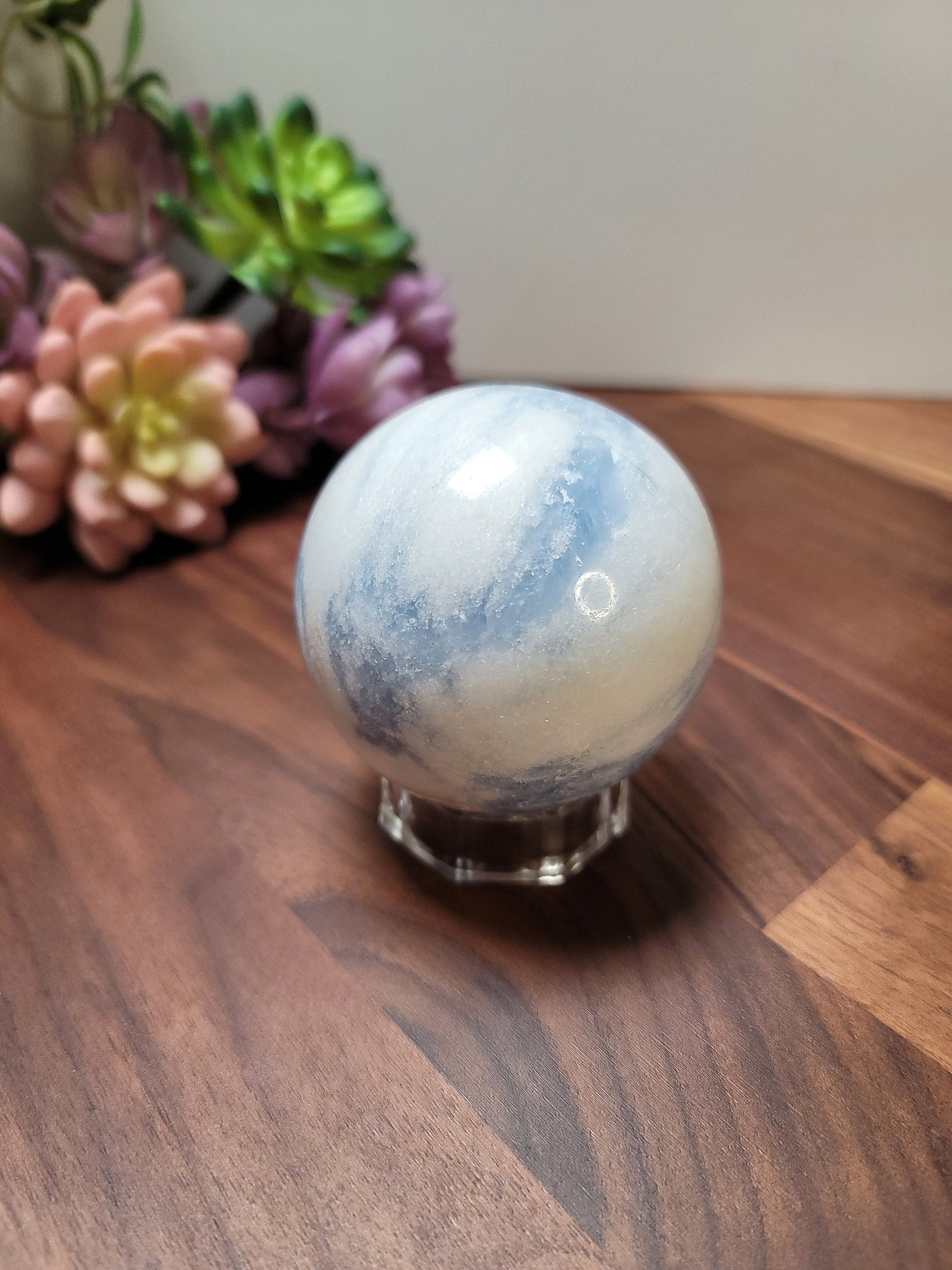 Blue Calcite Sphere: 69mm Crystal with White Quartz Swirls