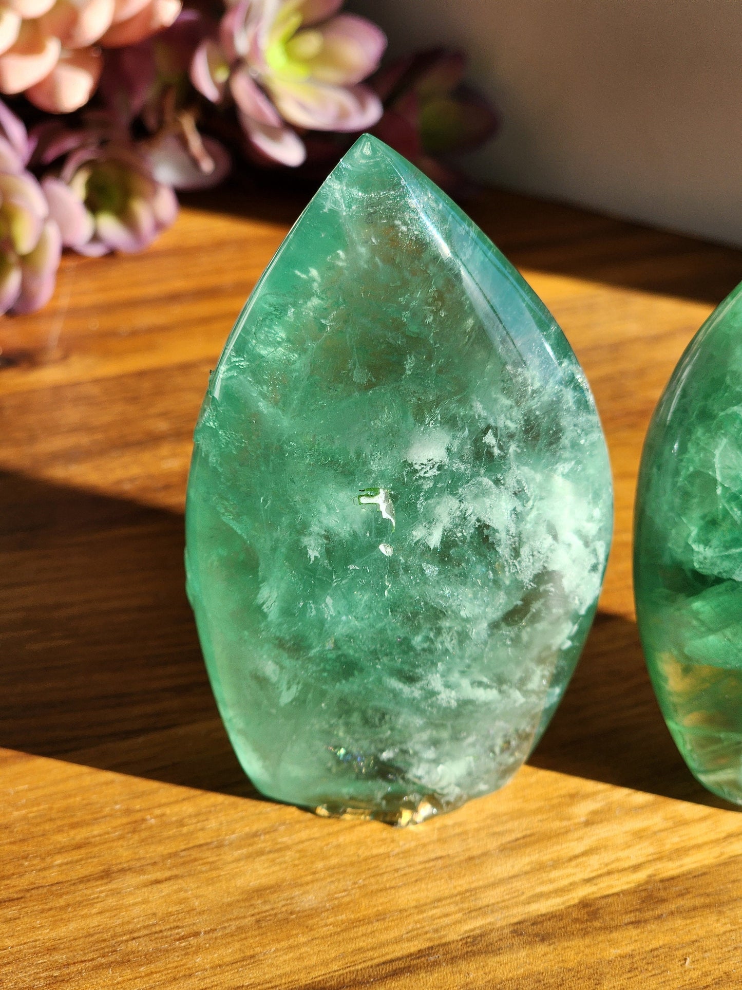 Green Fluorite Crystal Flame - Transparent Rainbow Flash Display