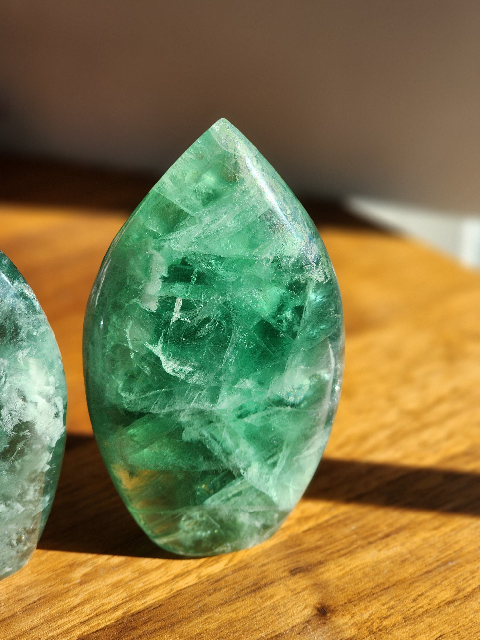 Green Fluorite Crystal Flame - Transparent Rainbow Flash Display