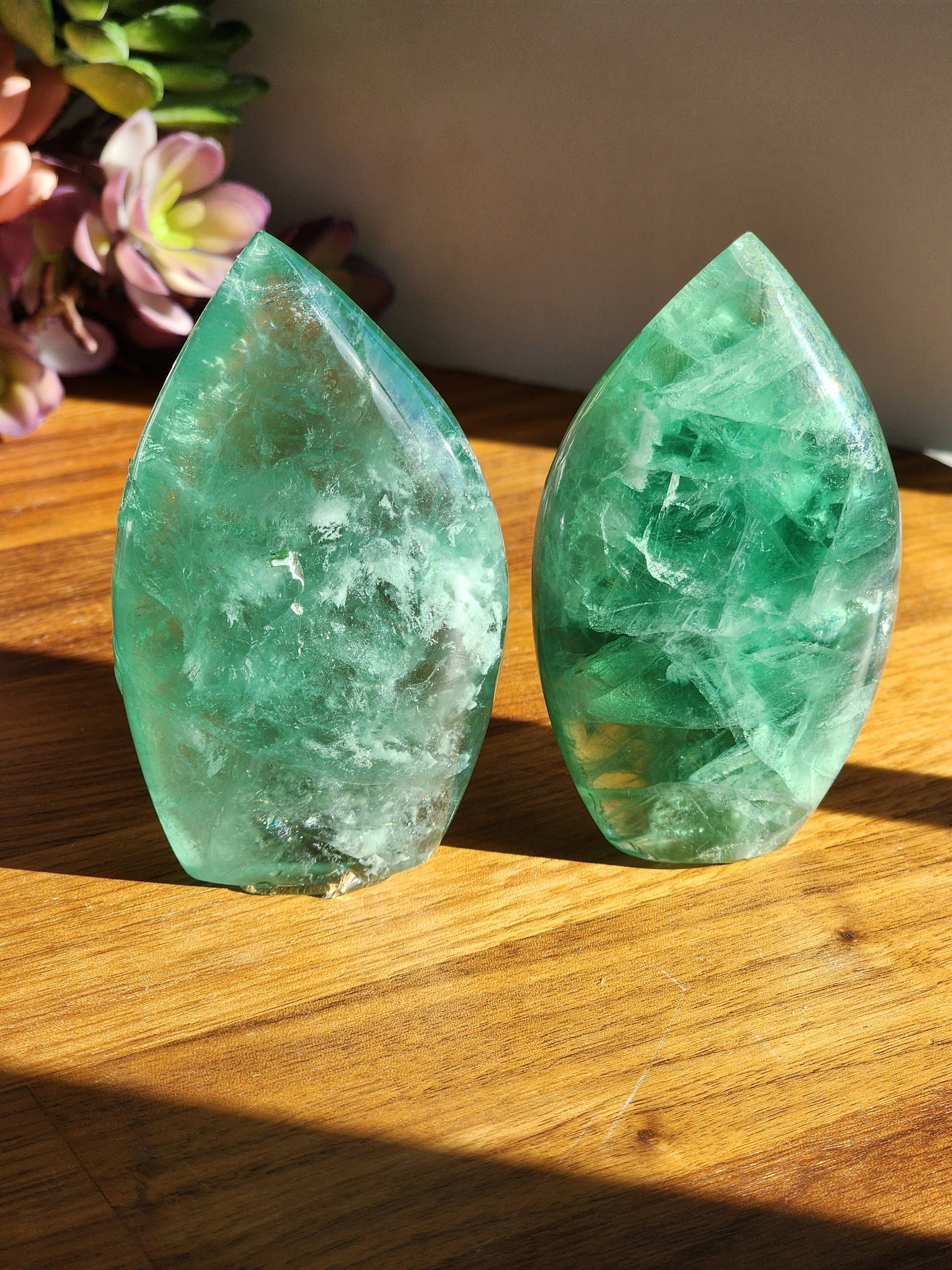 Green Fluorite Crystal Flame - Transparent Rainbow Flash Display