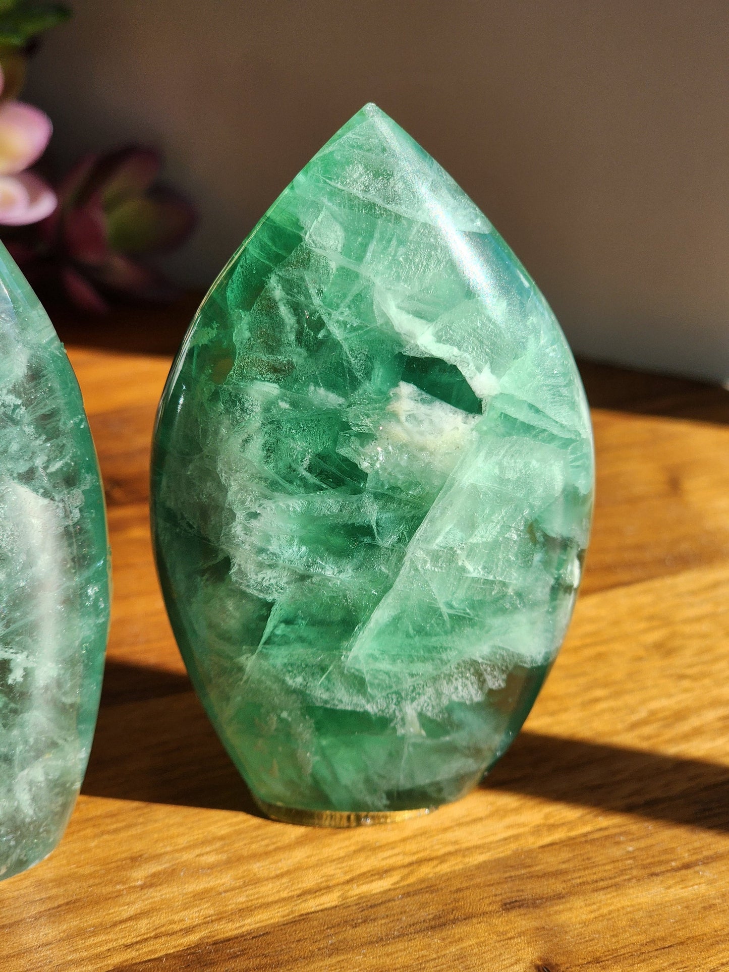 Green Fluorite Crystal Flame - Transparent Rainbow Flash Display