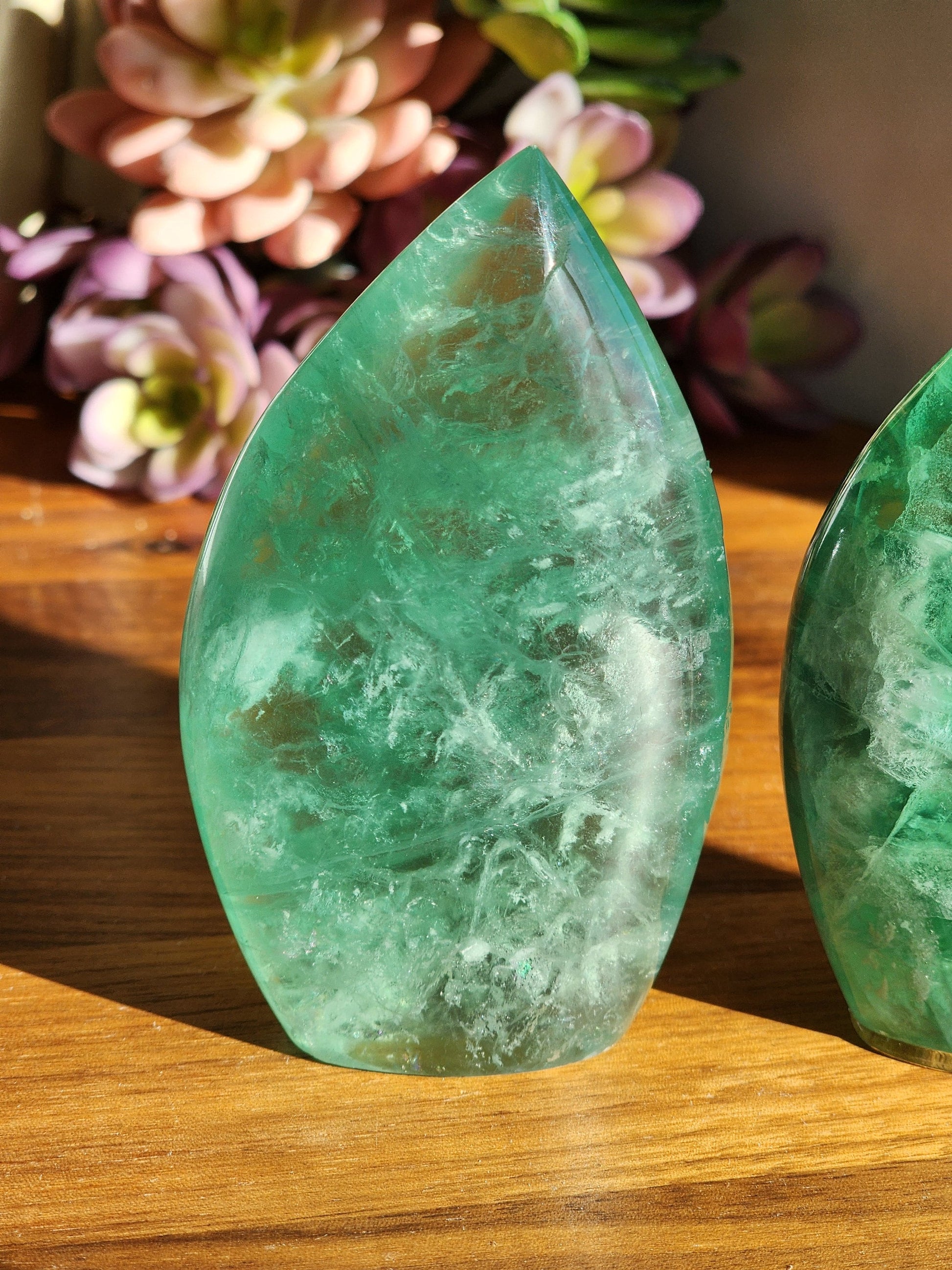Green Fluorite Crystal Flame - Transparent Rainbow Flash Display