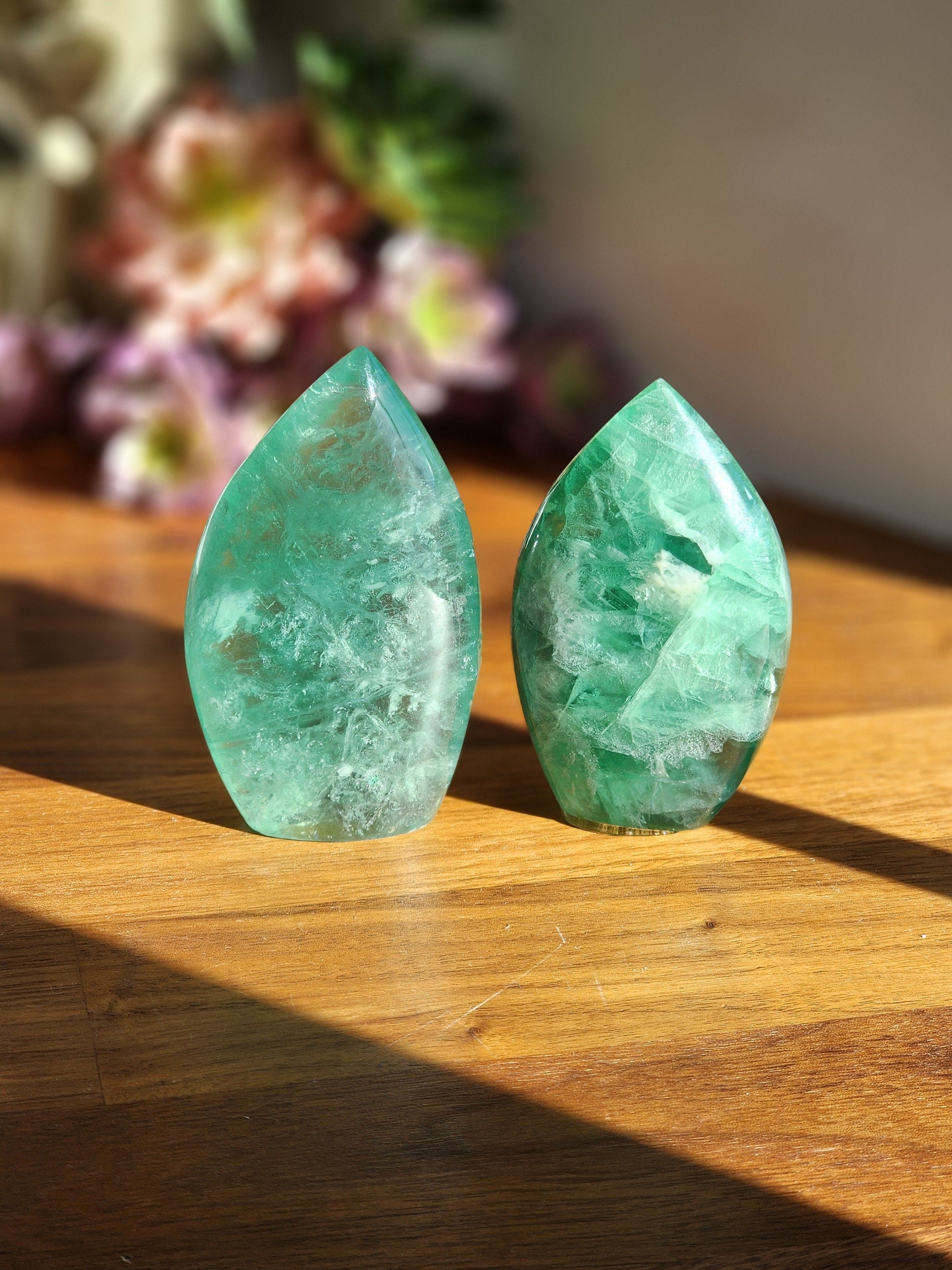 Green Fluorite Crystal Flame - Transparent Rainbow Flash Display