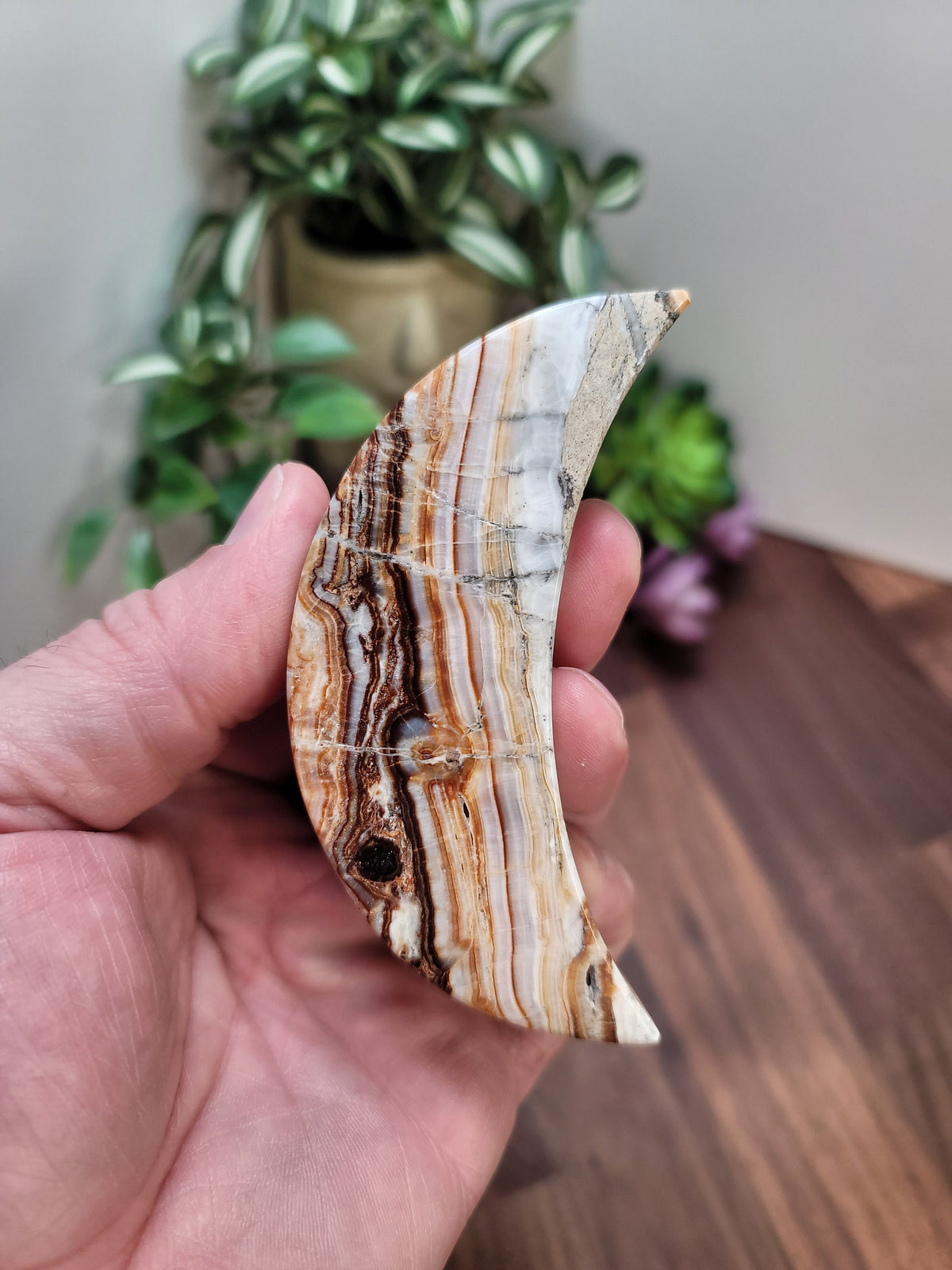 Banded Aragonite Moon Crystal: Brown, Orange & White, 4 Inches