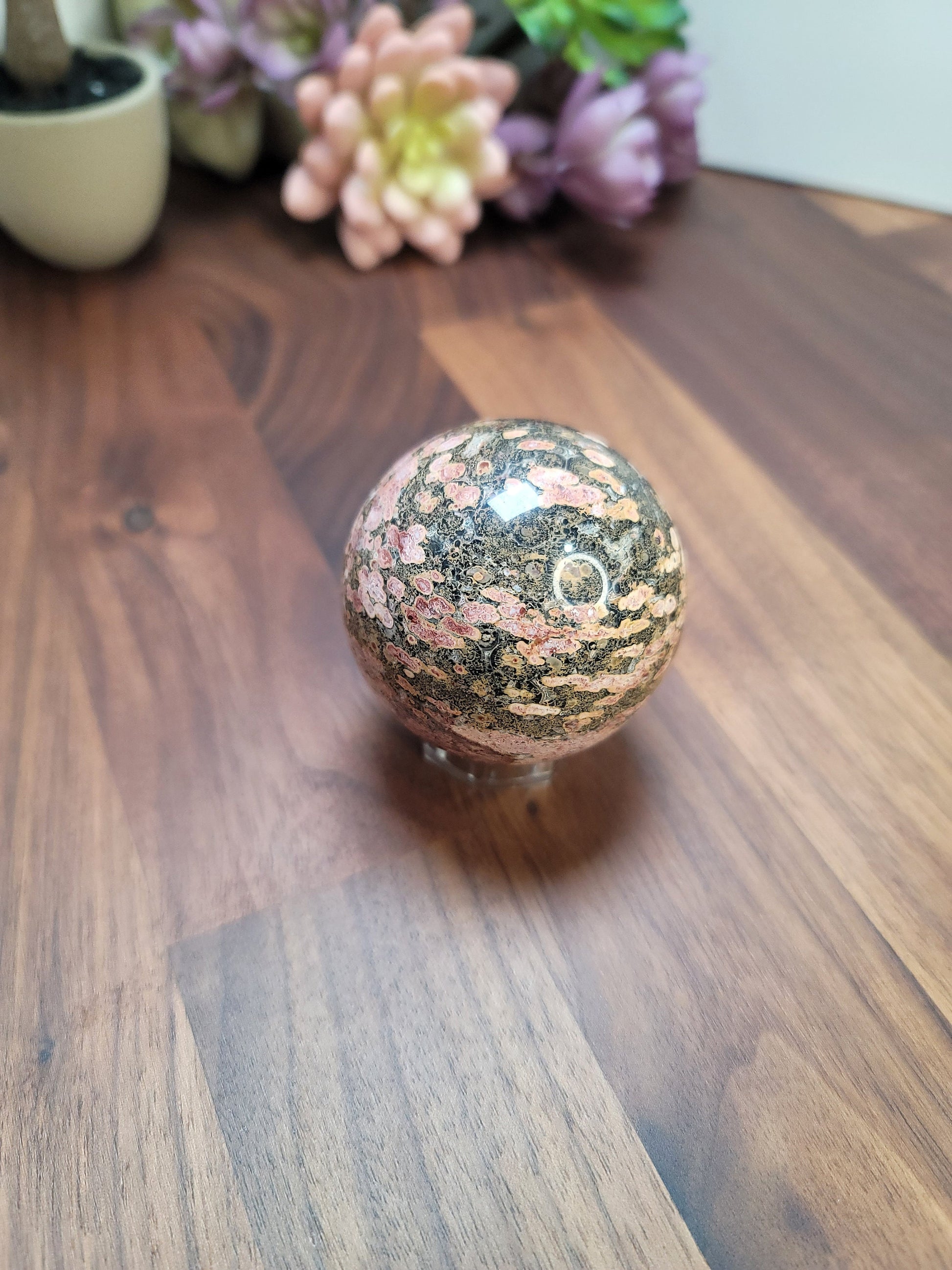 Leopardite Sphere: Pink, Red, Green Leopard Skin Jasper (58 MM)
