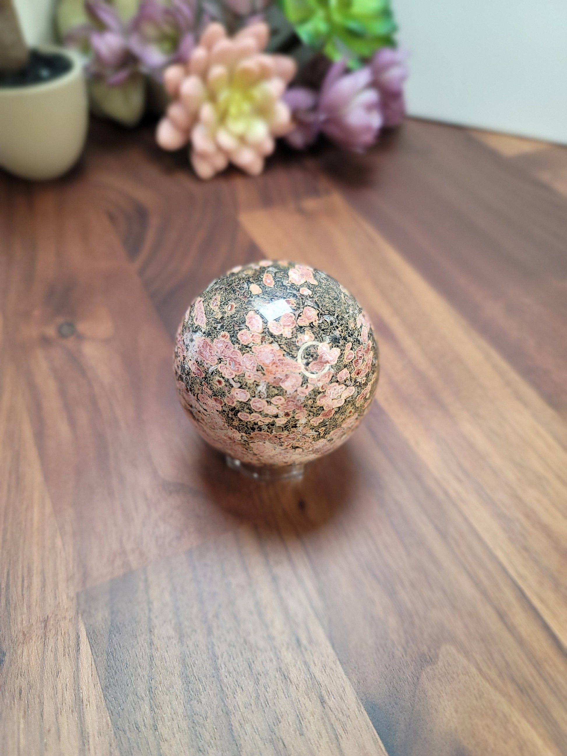 Leopardite Sphere: Pink, Red, Green Leopard Skin Jasper (58 MM)
