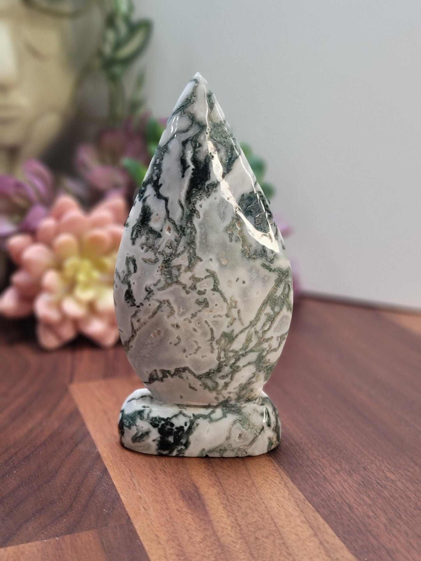 Moss Agate Crystal Carving: Green & White Druzy Bella