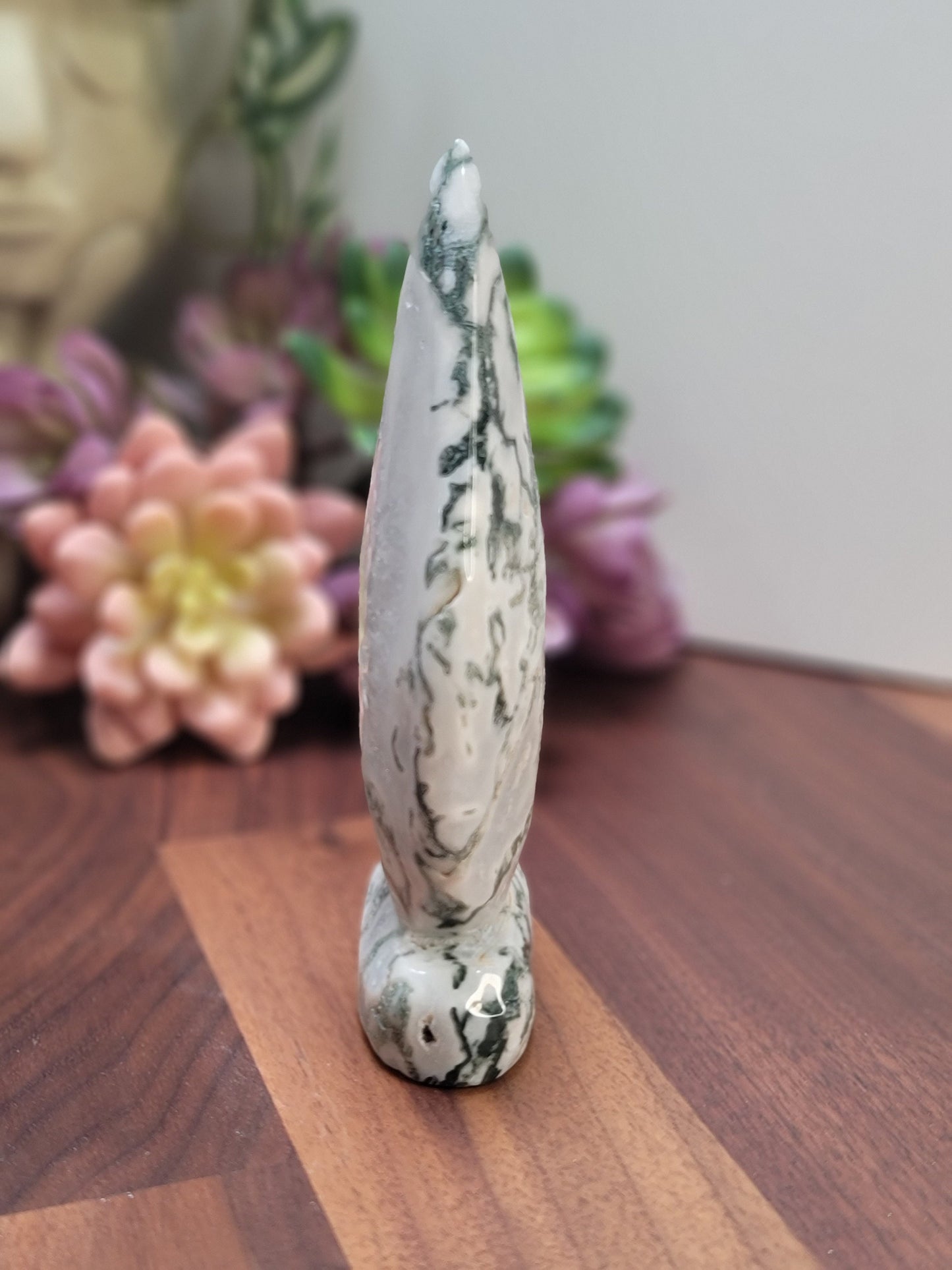 Moss Agate Crystal Carving: Green & White Druzy Bella