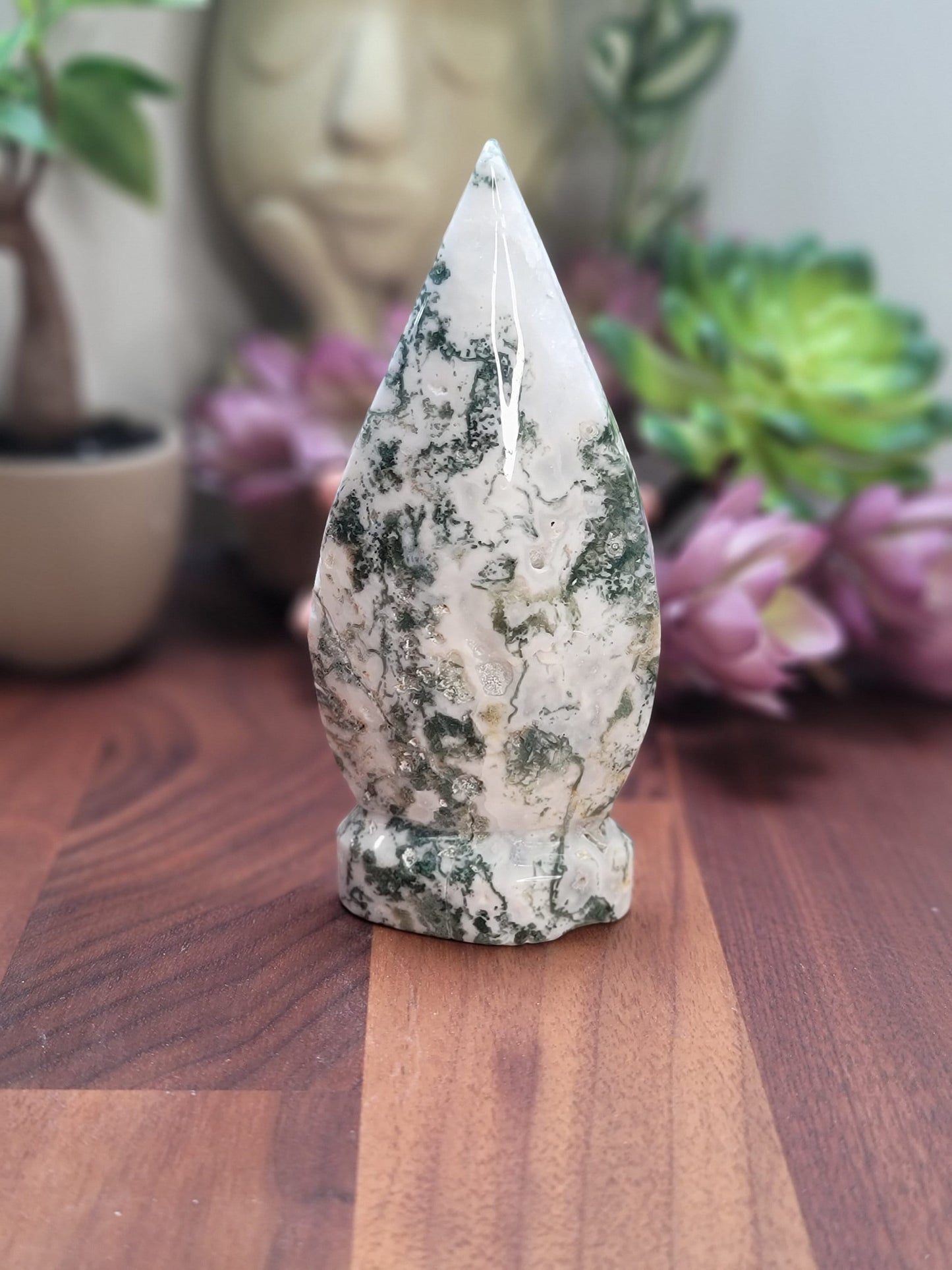 Moss Agate Crystal Flame, Druzy Quartz (Large 4.8in x 2.2in)