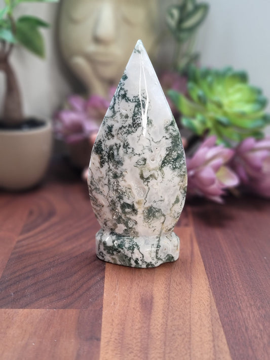 Moss Agate Crystal Flame, Druzy Quartz (Large 4.8in x 2.2in)