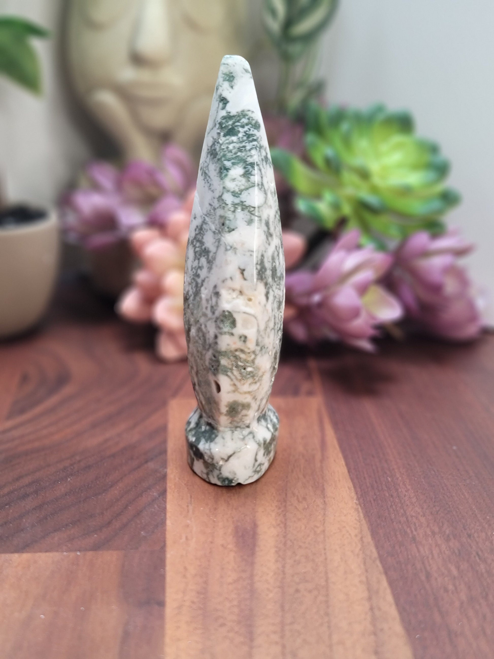 Moss Agate Crystal Flame, Druzy Quartz (Large 4.8in x 2.2in)
