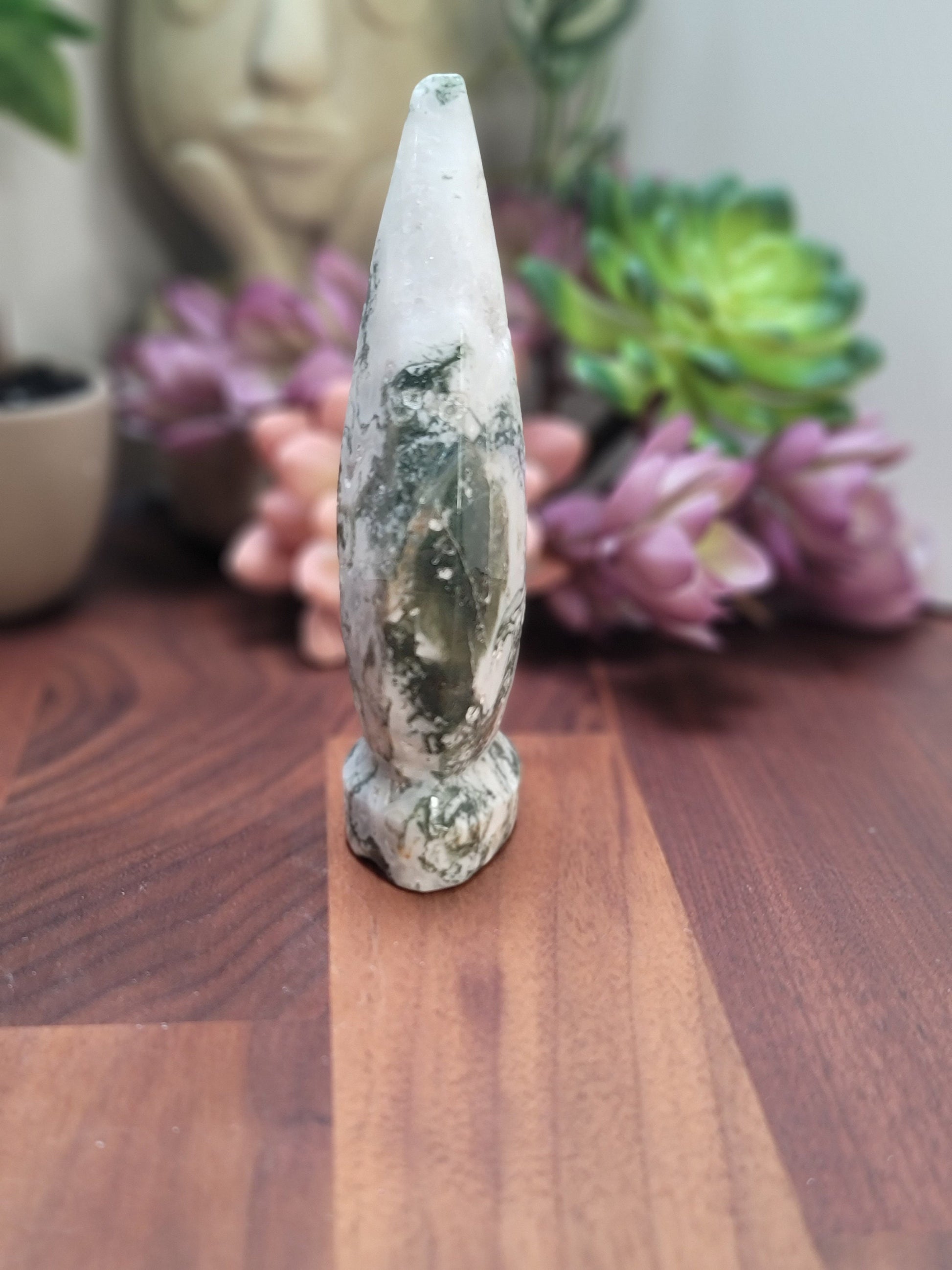 Moss Agate Crystal Flame, Druzy Quartz (Large 4.8in x 2.2in)