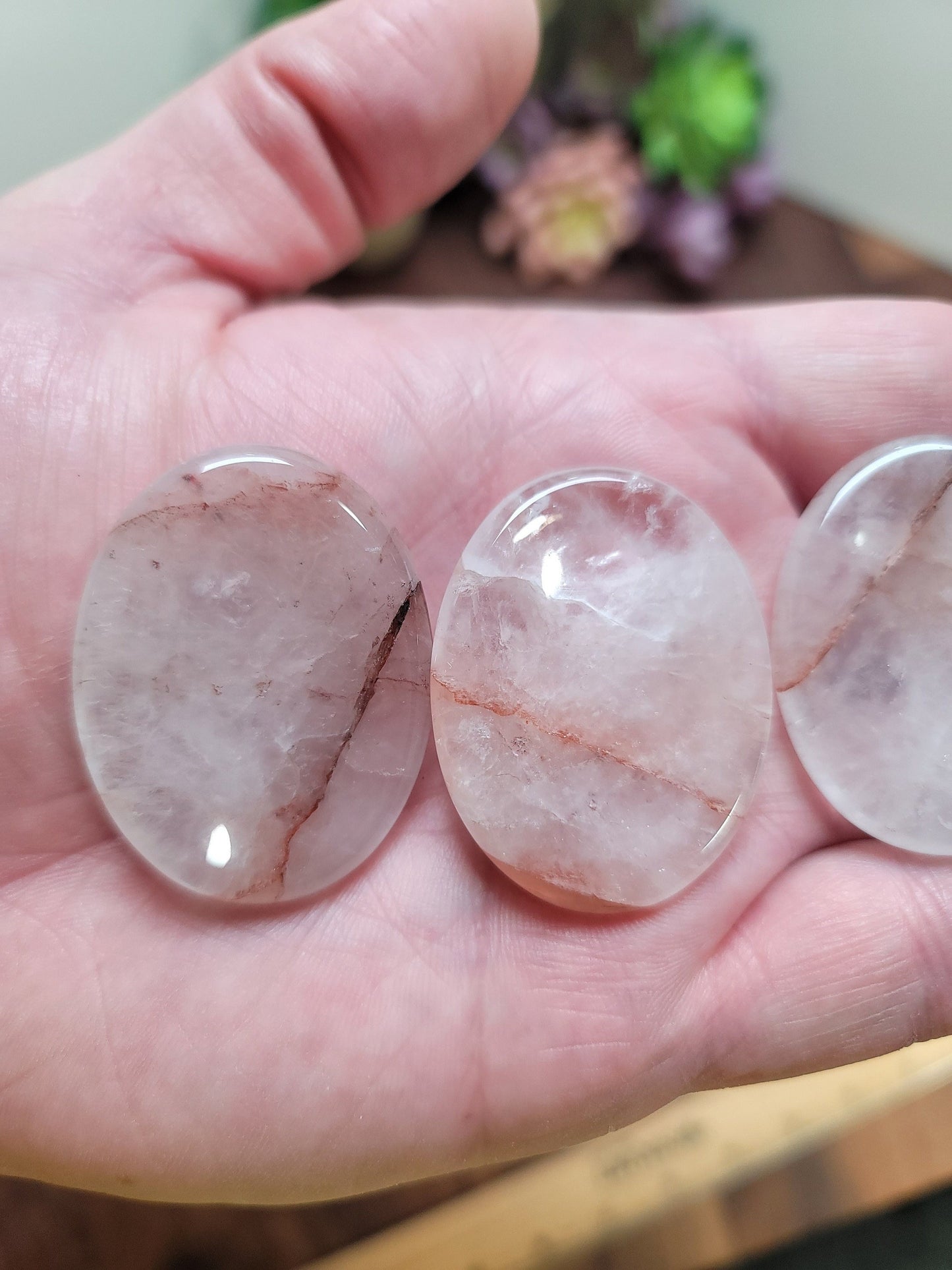 Fire Quartz Worry Stone: Clear Crystal with Red Hematoid Streaks (1.75")