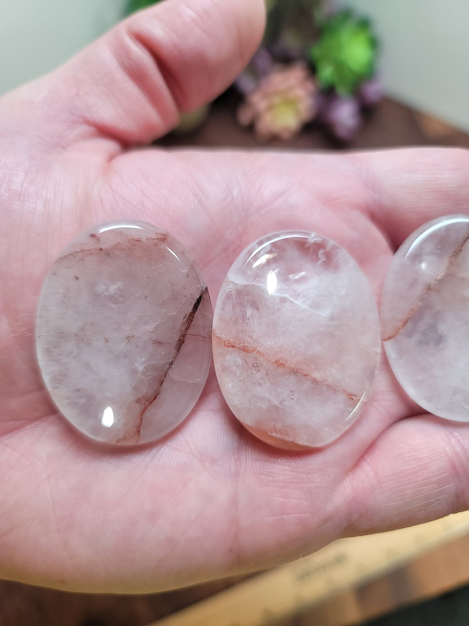 Fire Quartz Worry Stone: Clear Crystal with Red Hematoid Streaks (1.75")