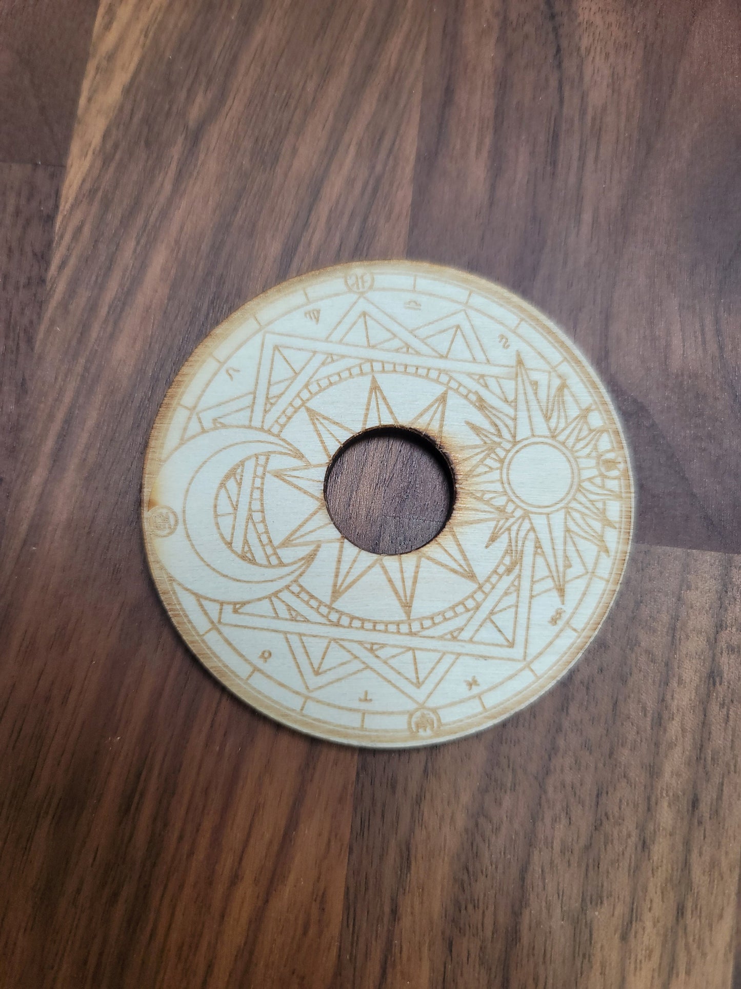 Etched Wood Crystal Ball Stand: Sun and Moon Design (2.75 inch)