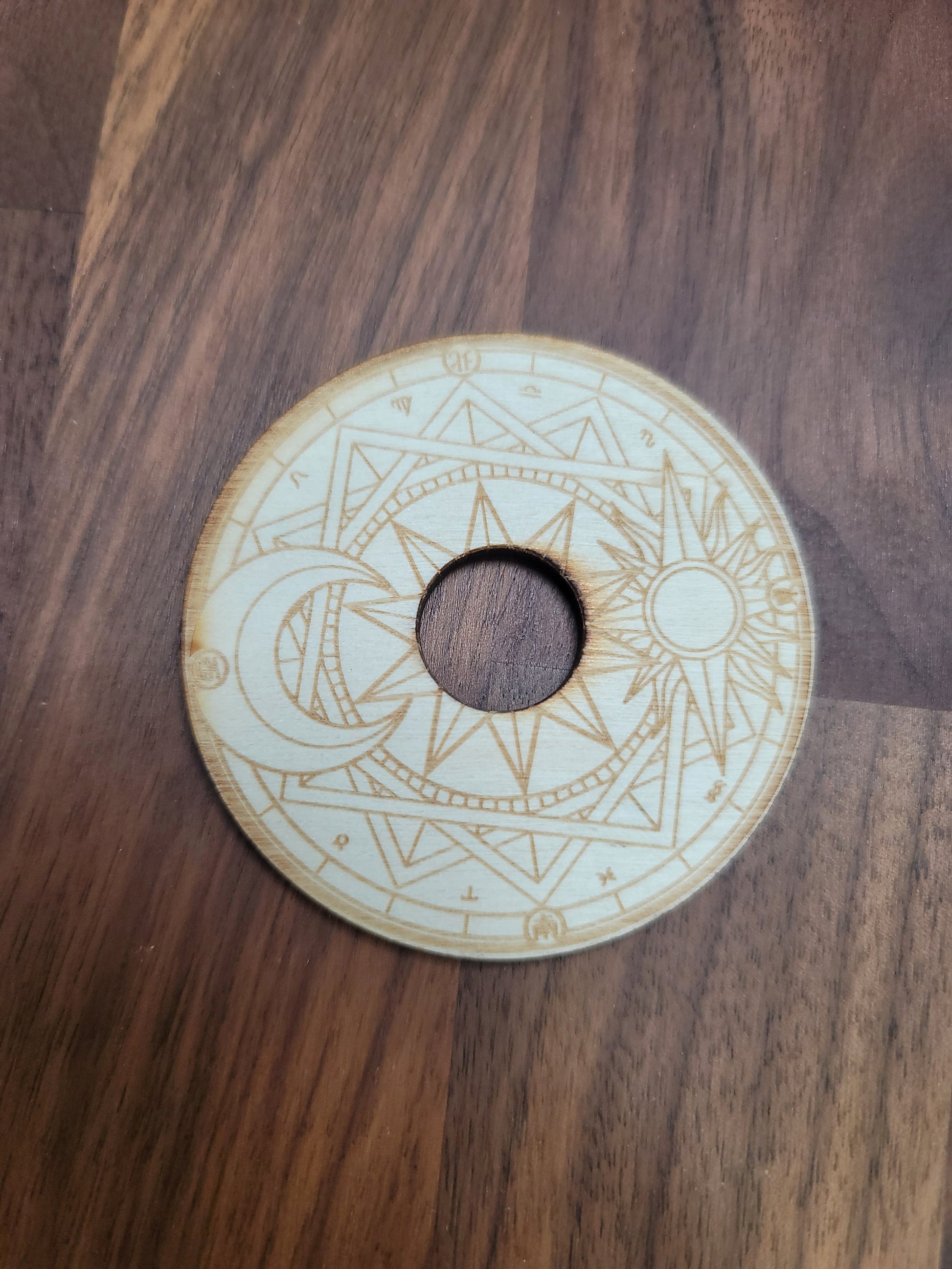 Etched Wood Crystal Ball Stand: Sun and Moon Design (2.75 inch)