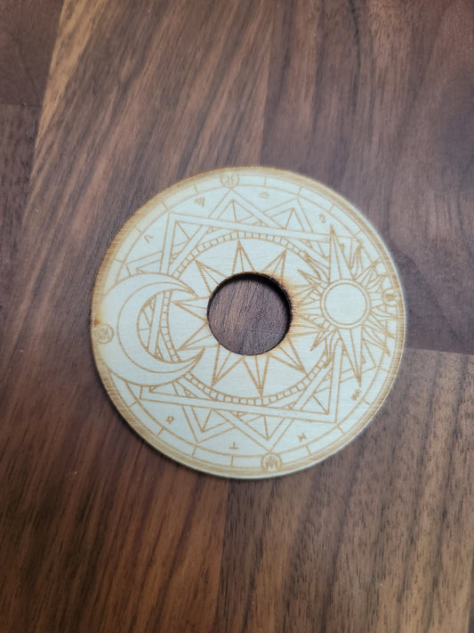 Etched Wood Crystal Ball Stand: Sun and Moon Design (2.75 inch)