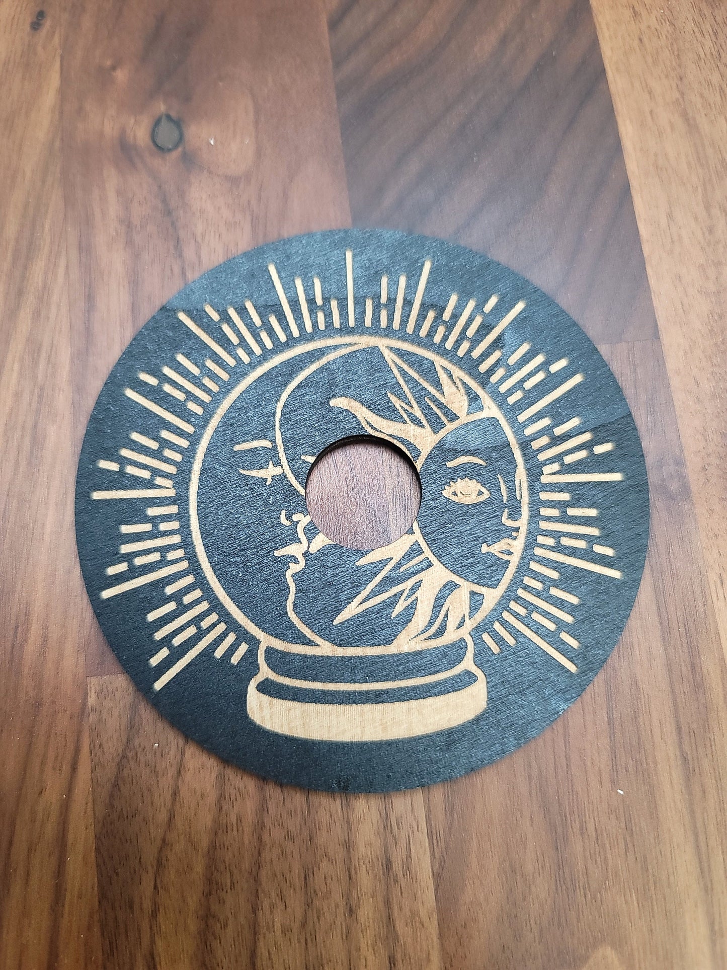 Etched Sun & Moon Sphere Stand: Black Wood Crystal Ball Holder