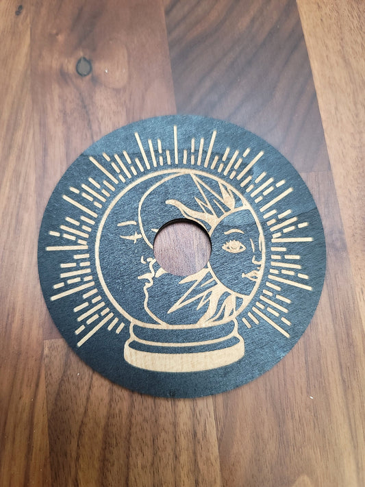 Etched Sun & Moon Sphere Stand: Black Wood Crystal Ball Holder