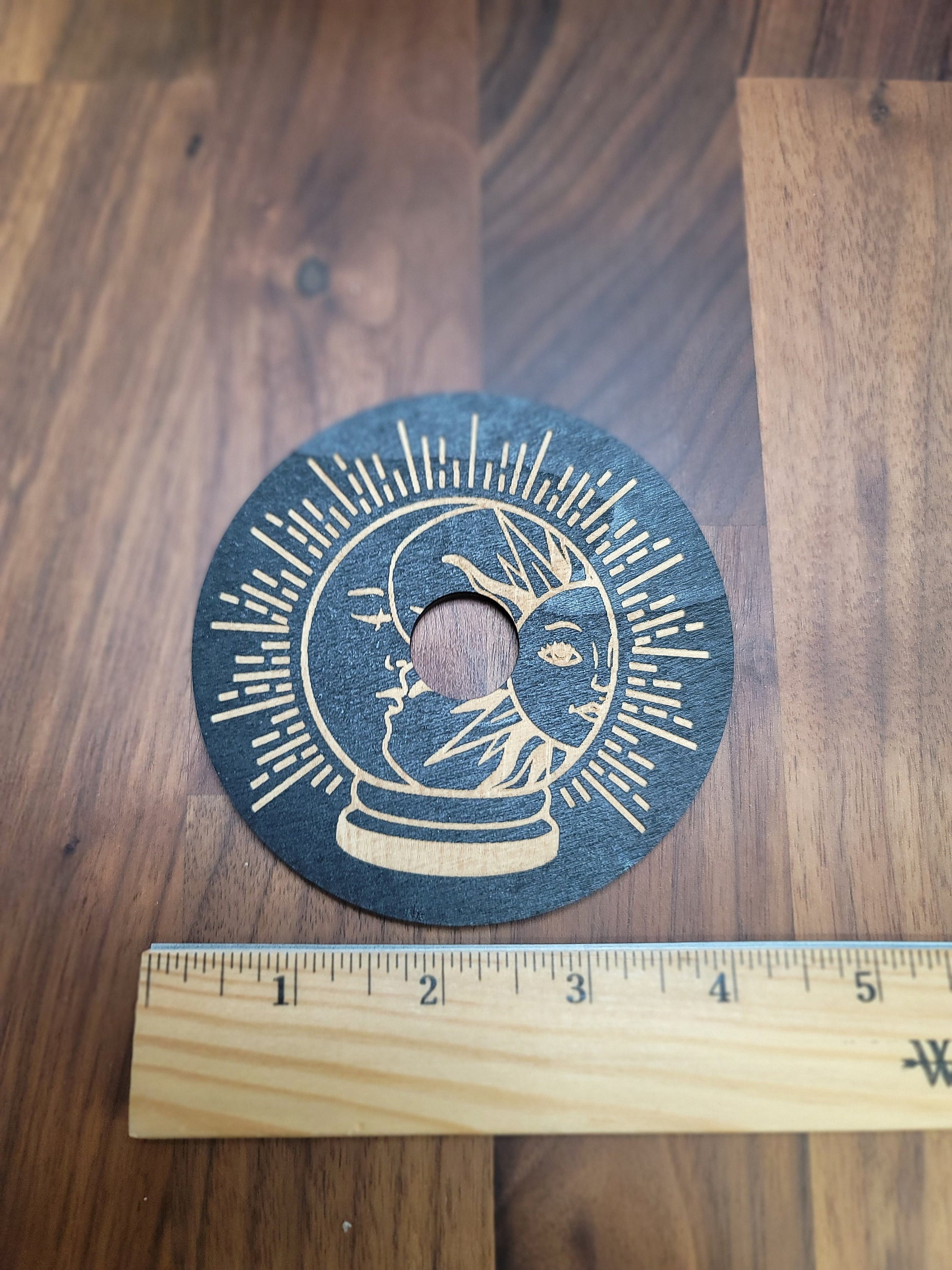 Etched Sun & Moon Sphere Stand: Black Wood Crystal Ball Holder
