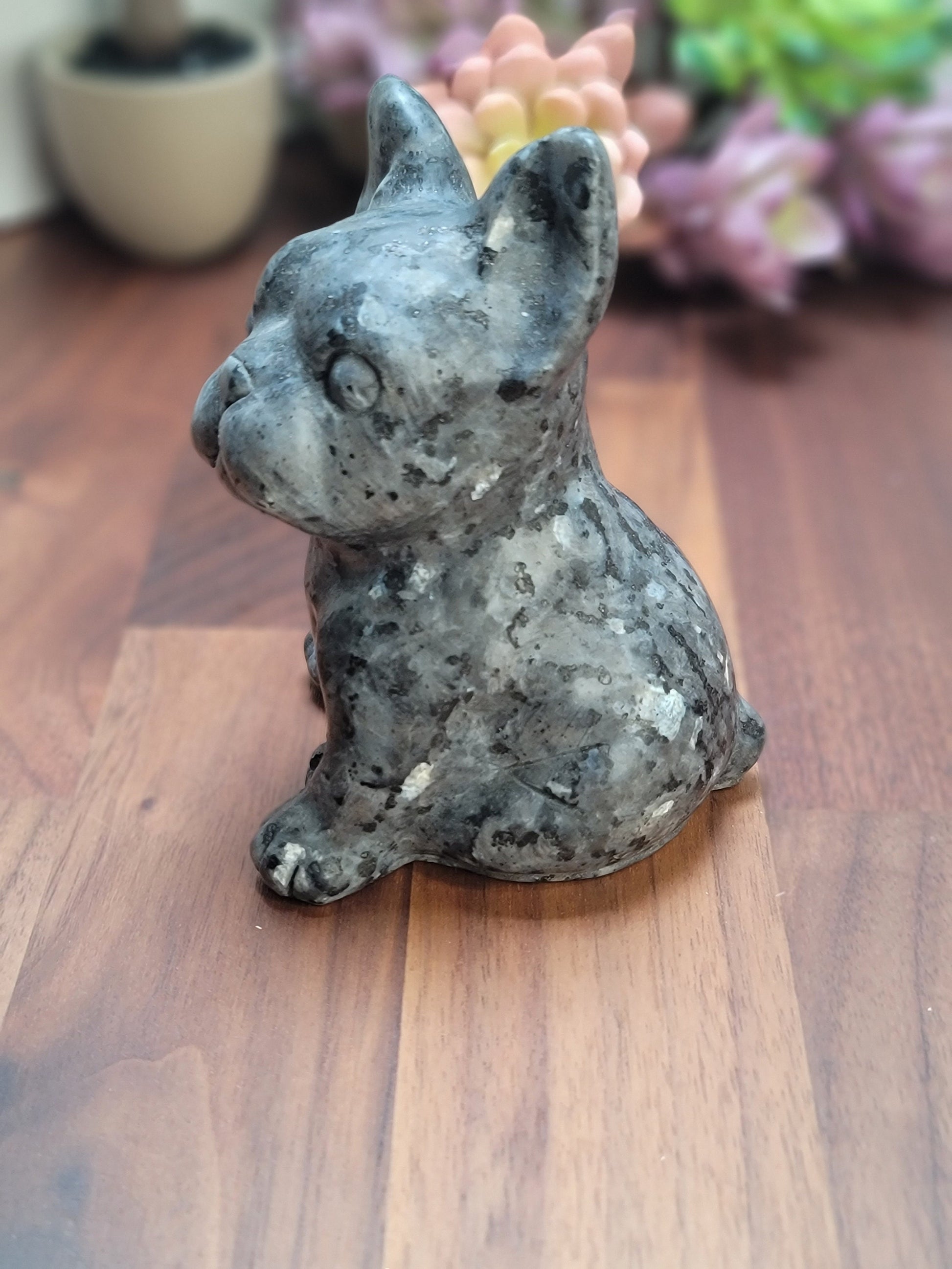 Crystal Bulldog Carving: Larvikite Stone Sculpture (4.25 Inches)