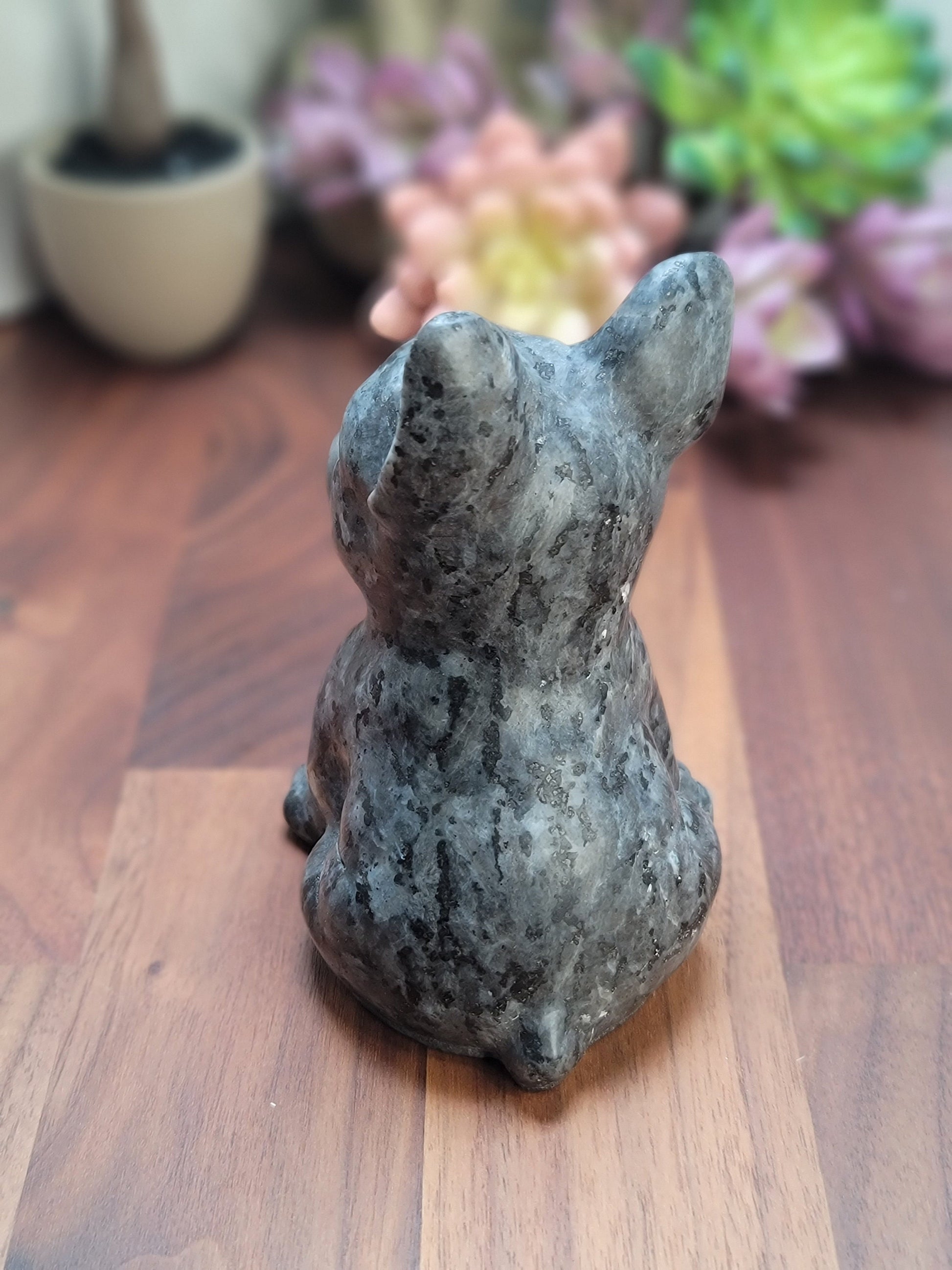 Crystal Bulldog Carving: Larvikite Stone Sculpture (4.25 Inches)