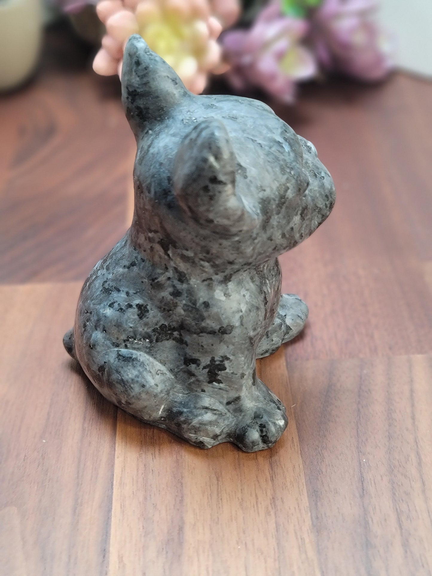 Crystal Bulldog Carving: Larvikite Stone Sculpture (4.25 Inches)