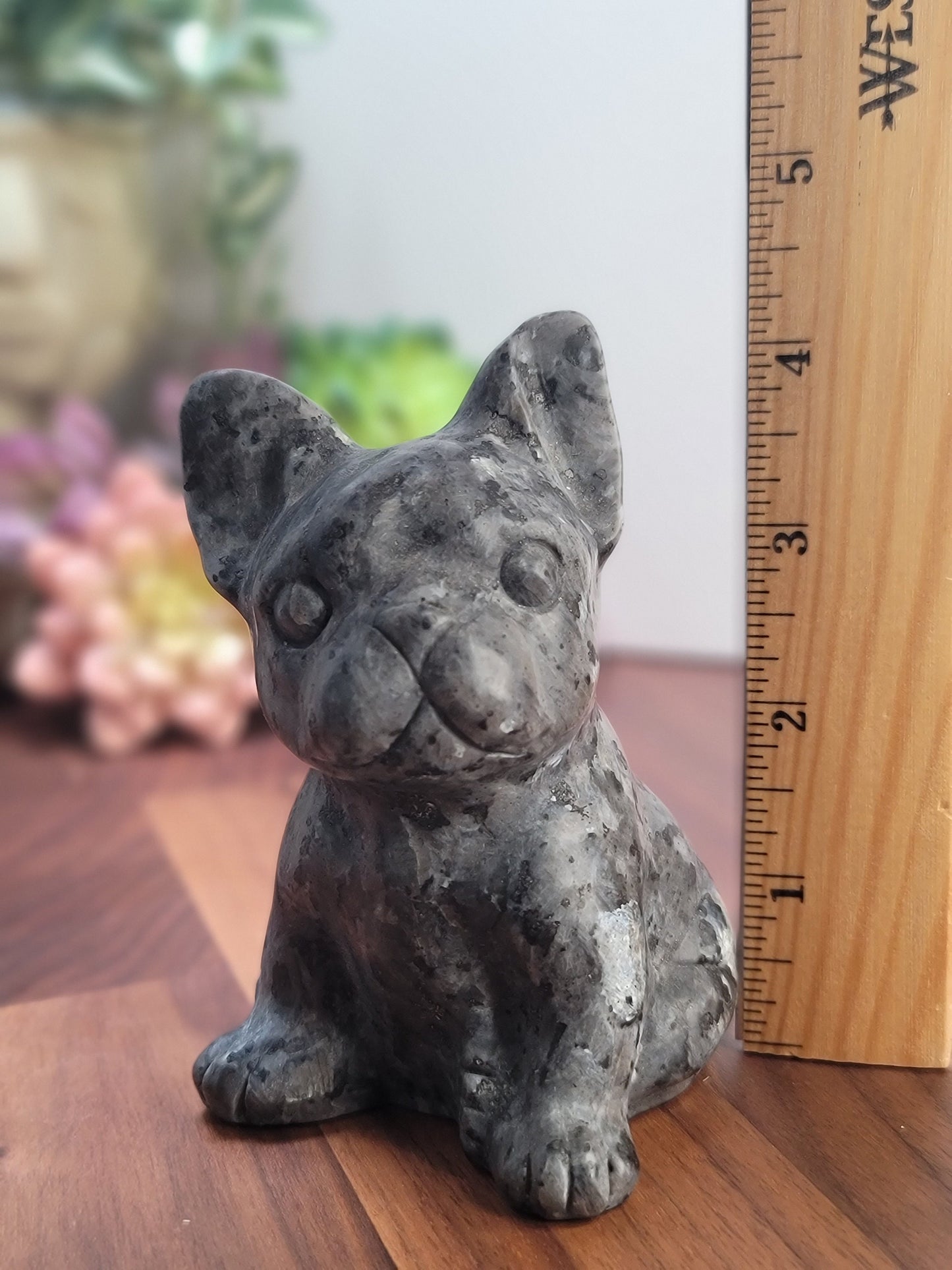 Crystal Bulldog Carving: Larvikite Stone Sculpture (4.25 Inches)
