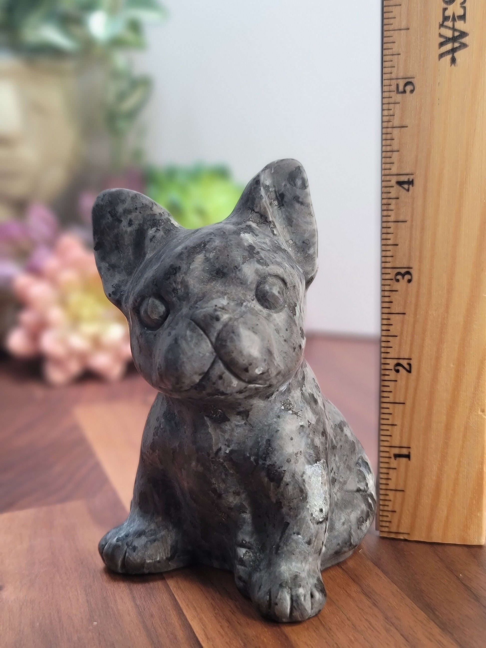 Crystal Bulldog Carving: Larvikite Stone Sculpture (4.25 Inches)