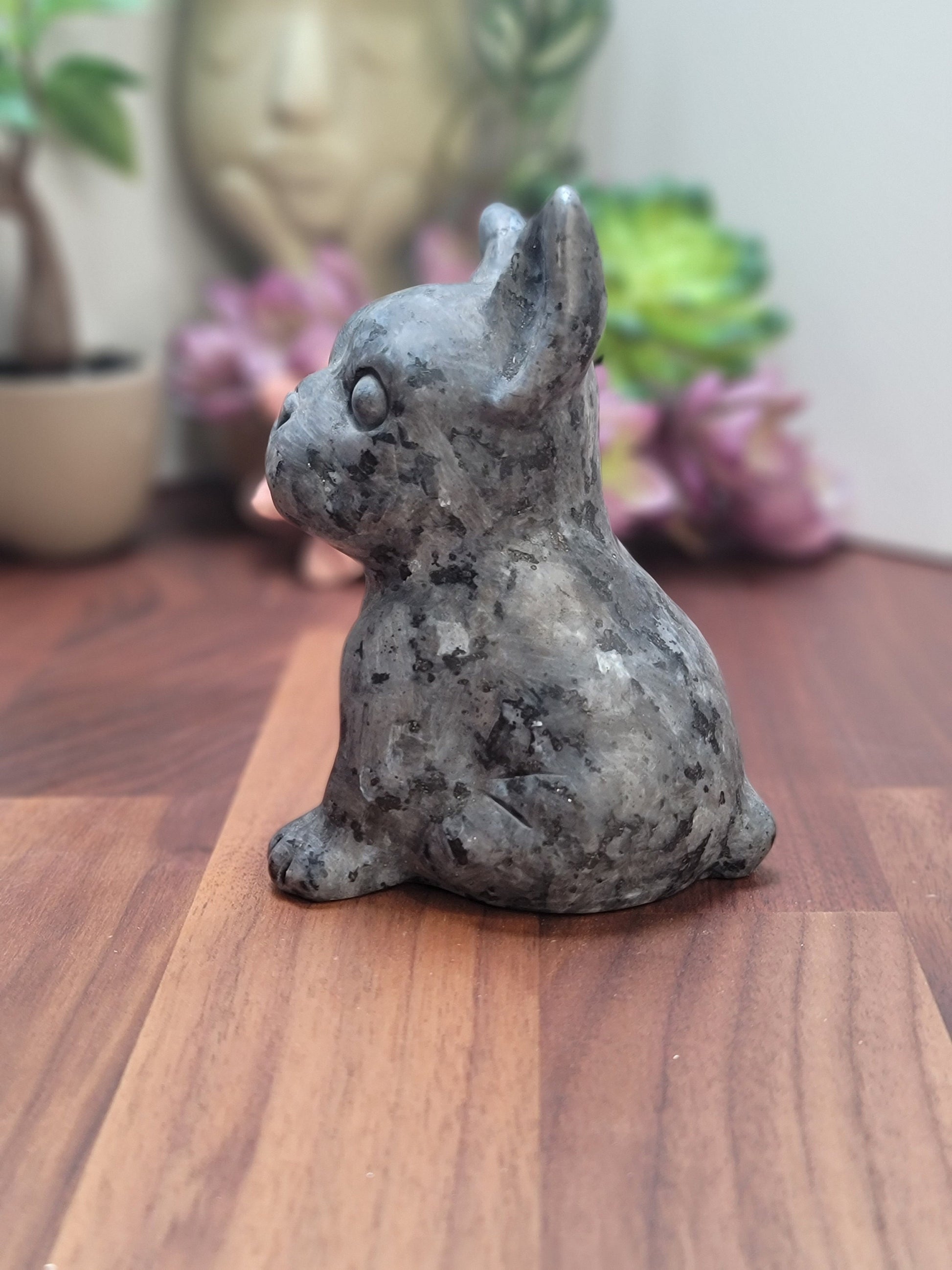 Larvikite Crystal French Bulldog Carving: Flashy Stone Decor (4.25 inch)