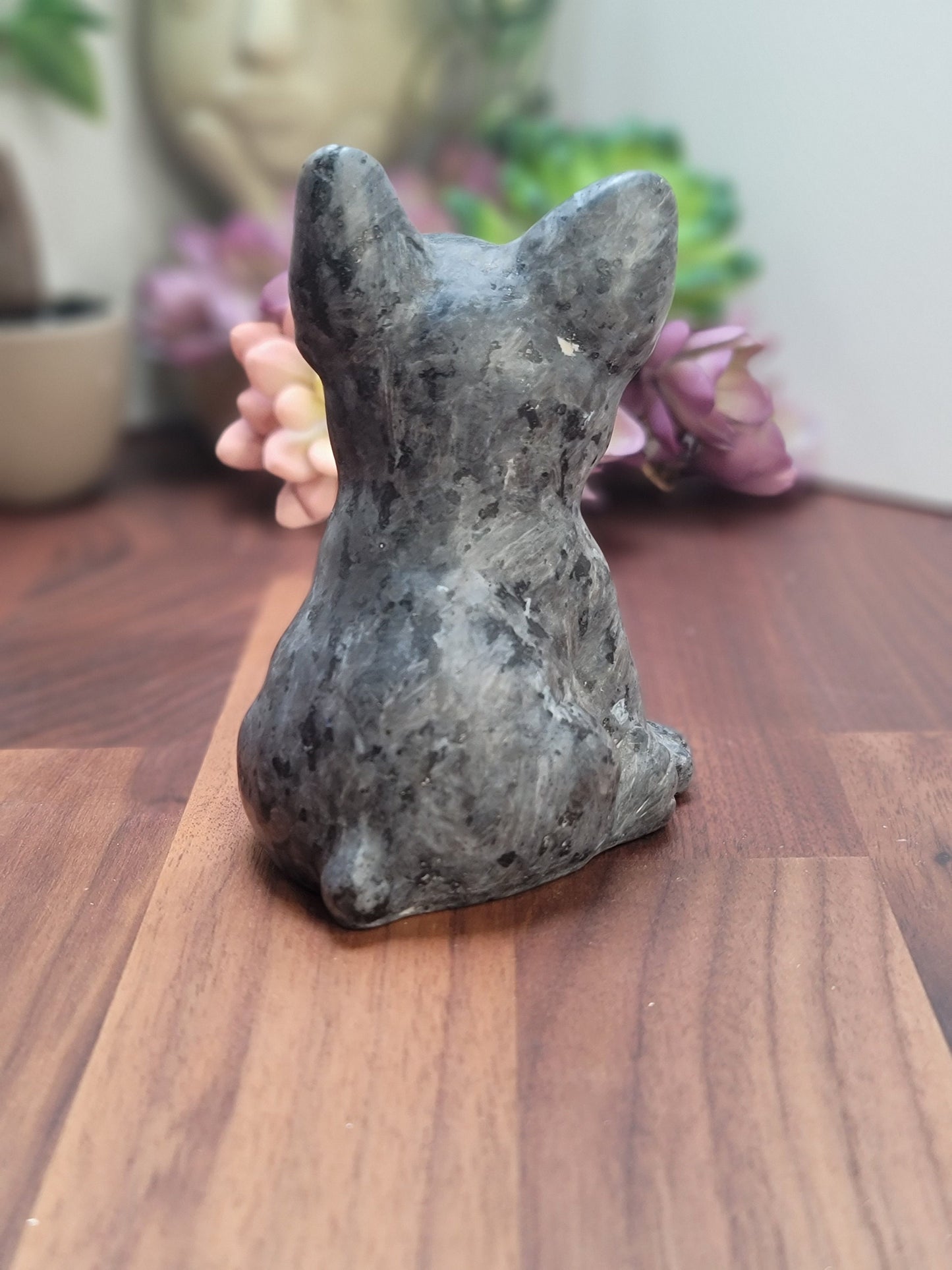 Larvikite Crystal French Bulldog Carving: Flashy Stone Decor (4.25 inch)