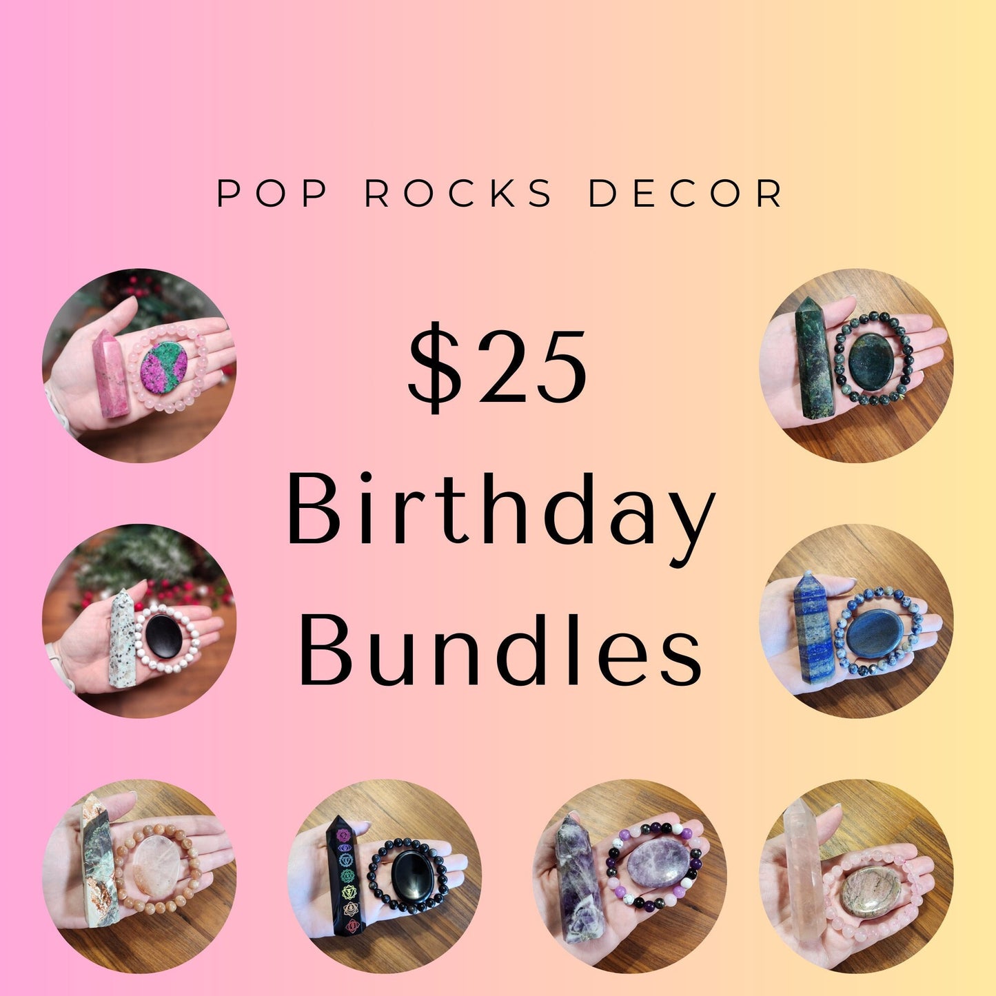 Crystal Lover Gift Bundles! Just 25 for a tower, bracelet and worry stone. Let me know favorite colors or choose a Mystery Box! Each will be gift packaged, and can be mailed to you or recipient.