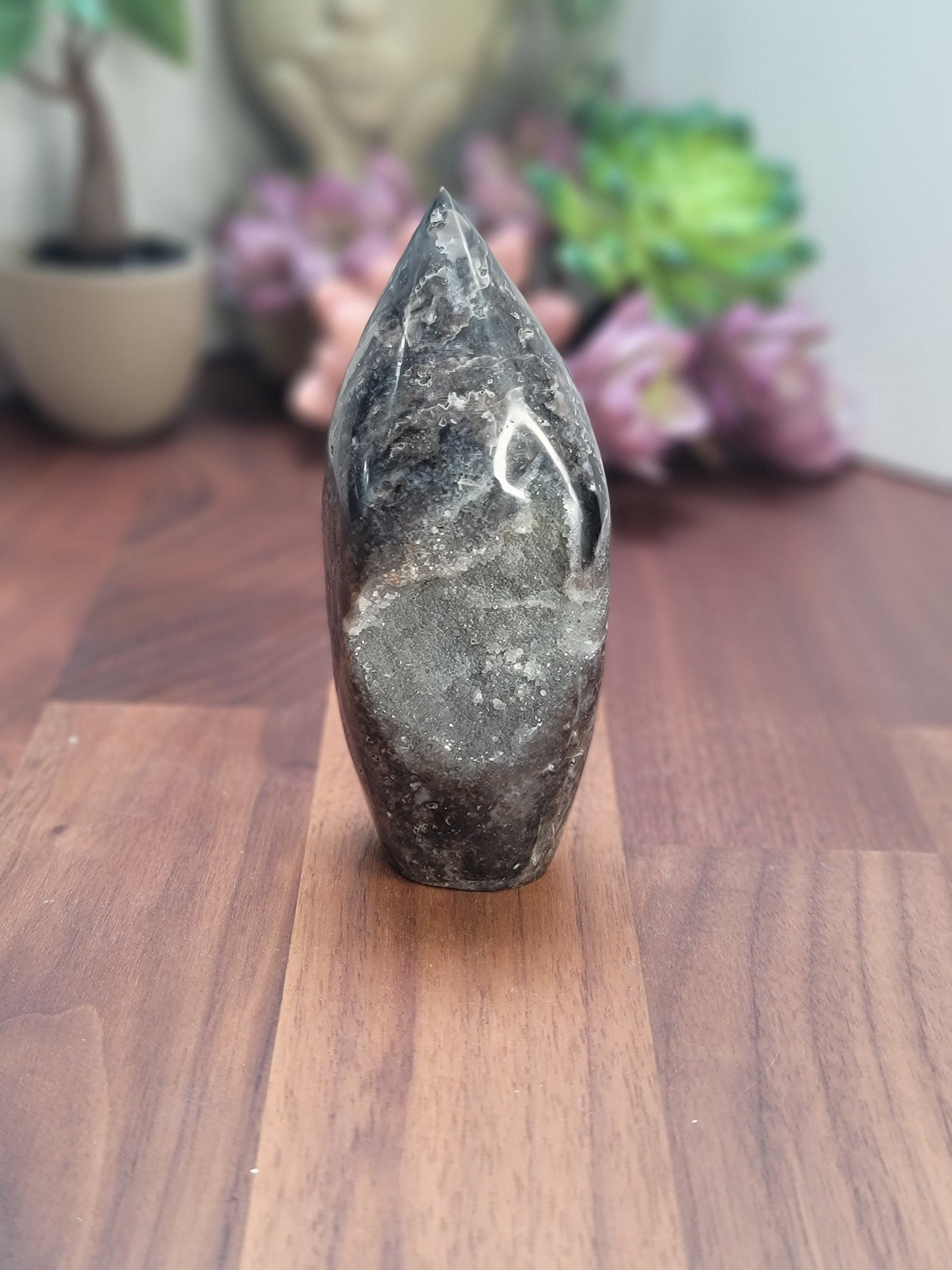 Sparkling Sphalerite Crystal Carving: Black and Gray Druzy