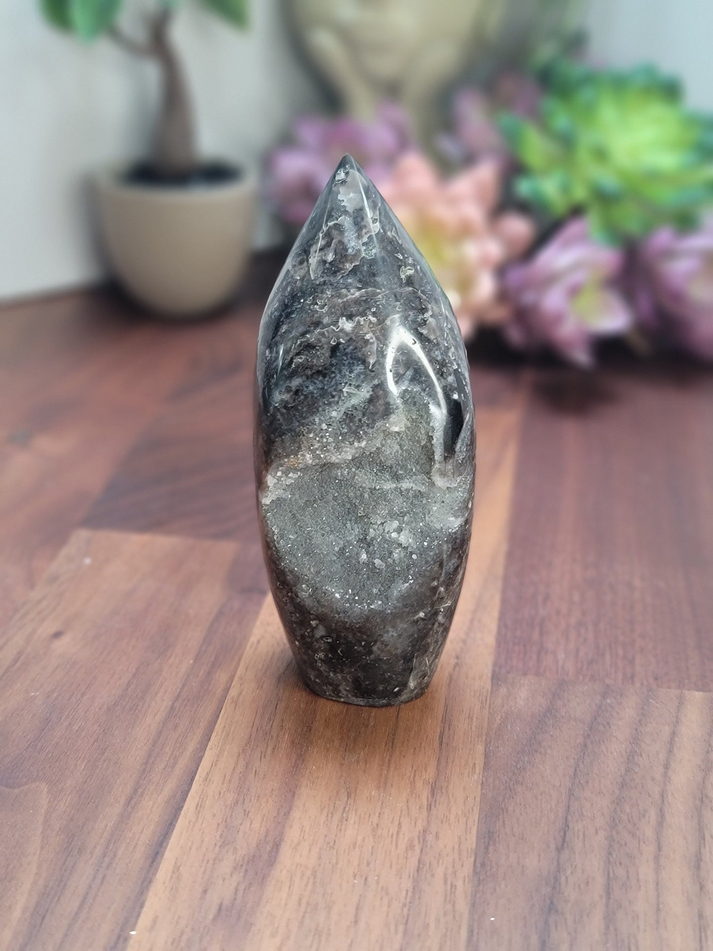 Sparkling Sphalerite Crystal Carving: Black and Gray Druzy