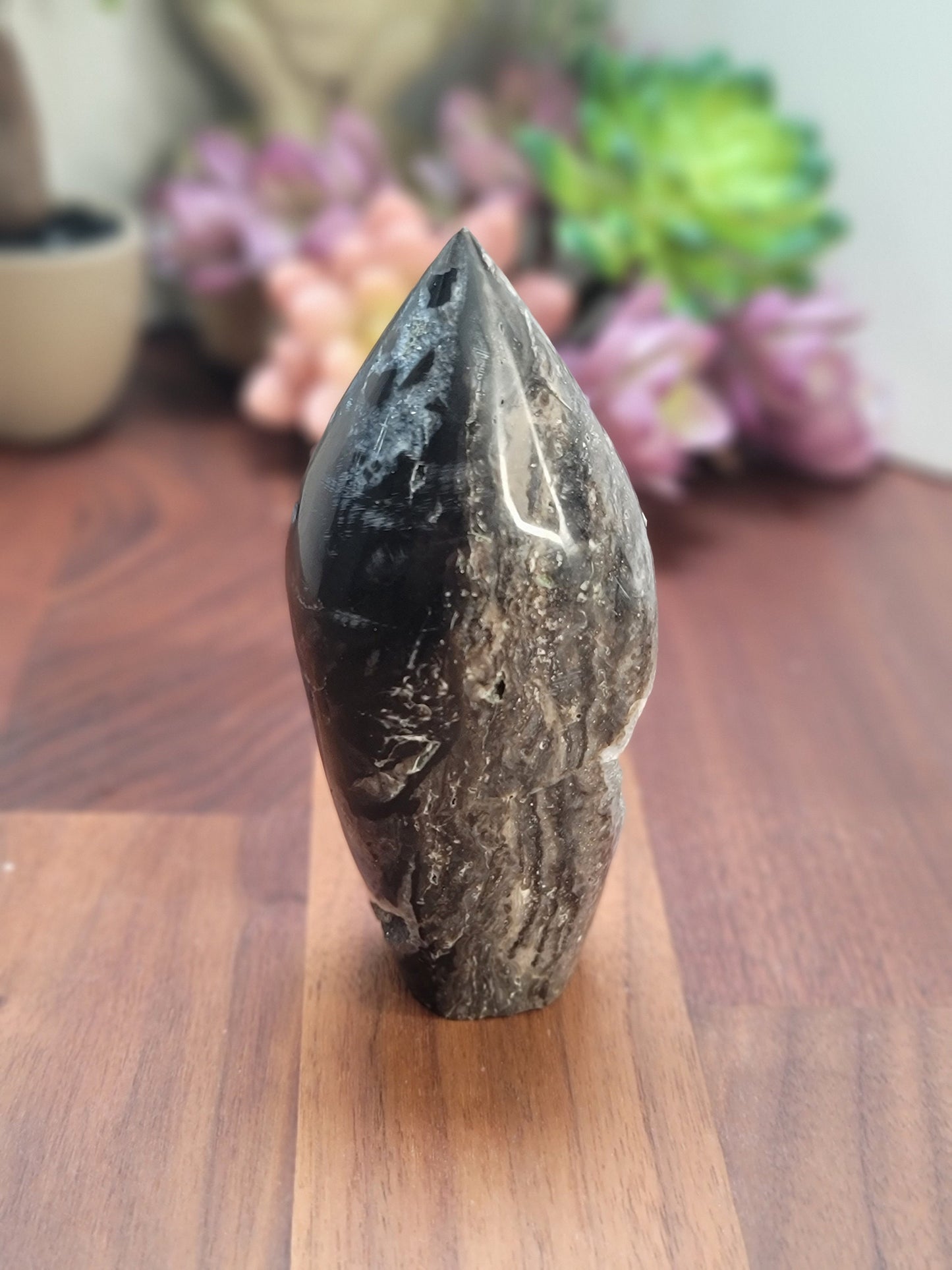 Sparkling Sphalerite Crystal Carving: Black and Gray Druzy