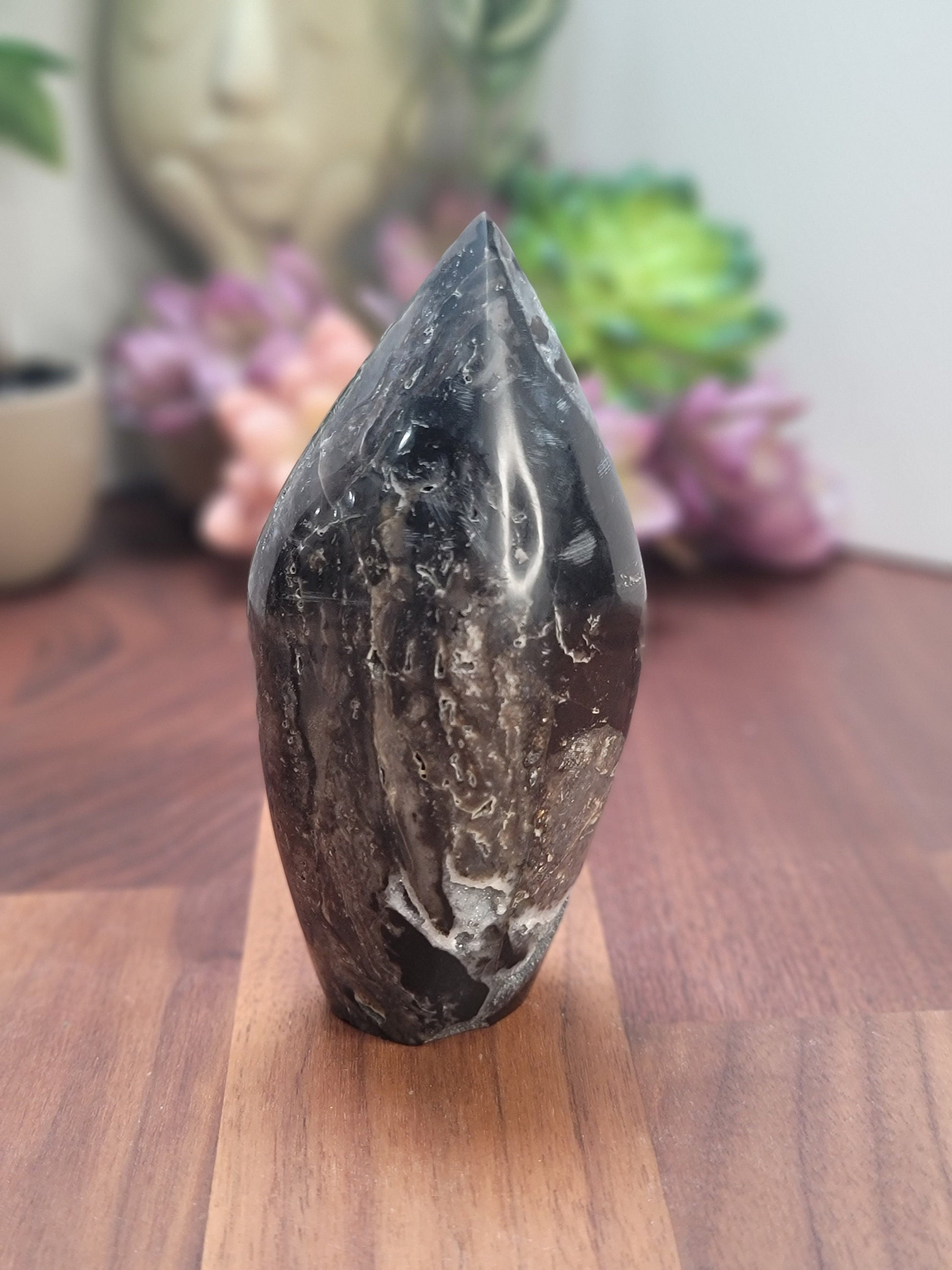 Sparkling Sphalerite Crystal Carving: Black and Gray Druzy