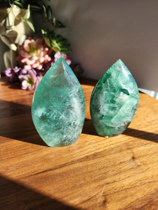 Green Fluorite Crystal Flame - Transparent Rainbow Flash Display