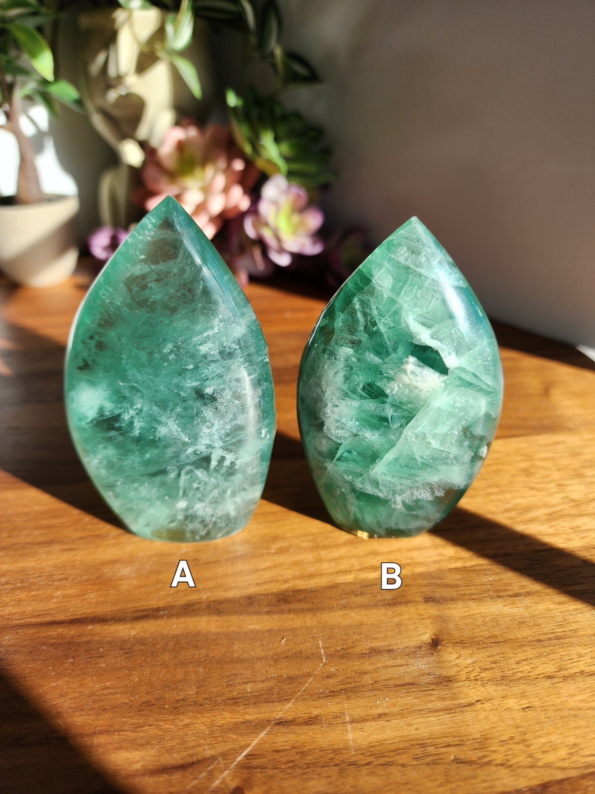 Green Fluorite Crystal Flame - Transparent Rainbow Flash Display