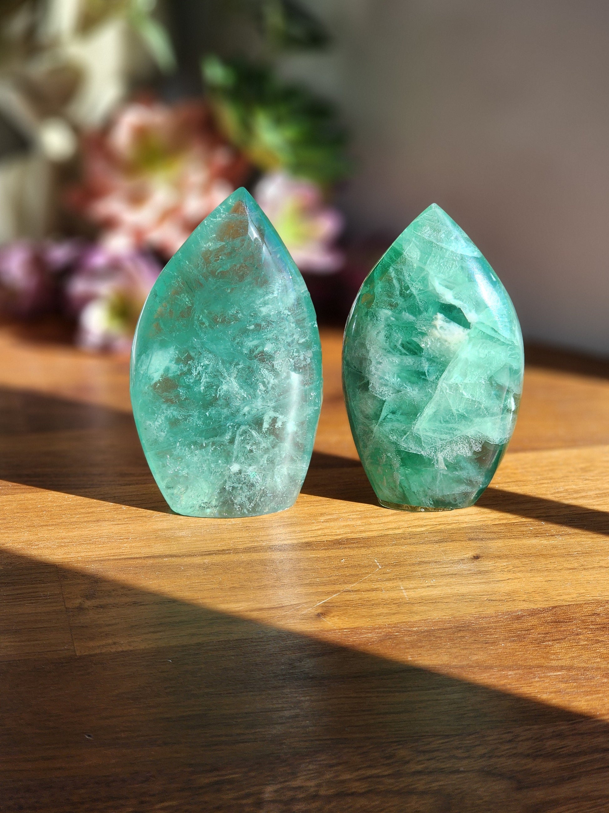 Green Fluorite Crystal Flame - Transparent Rainbow Flash Display