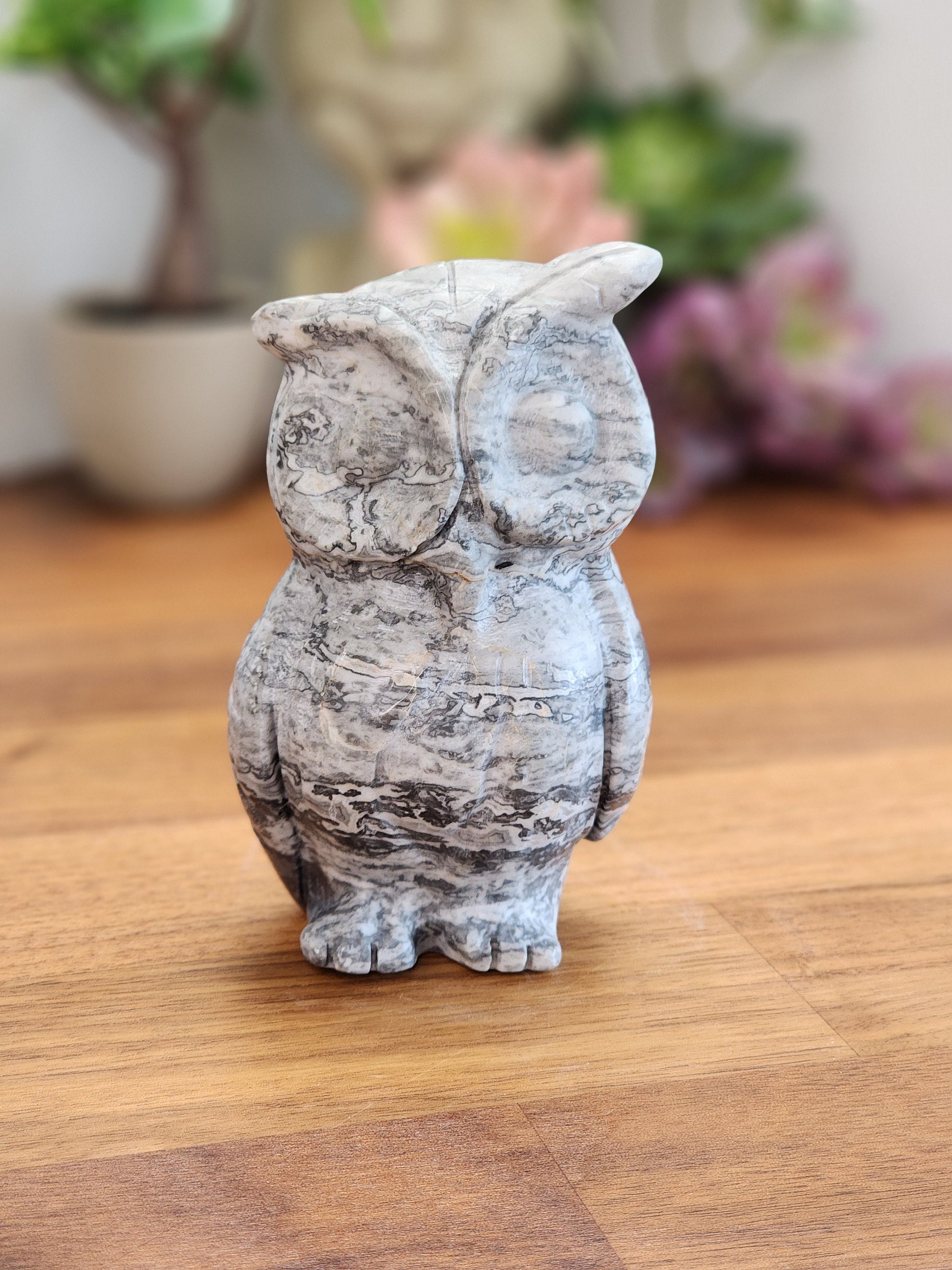 Picasso Jasper Owl Carving: Black & White Crystal Decor