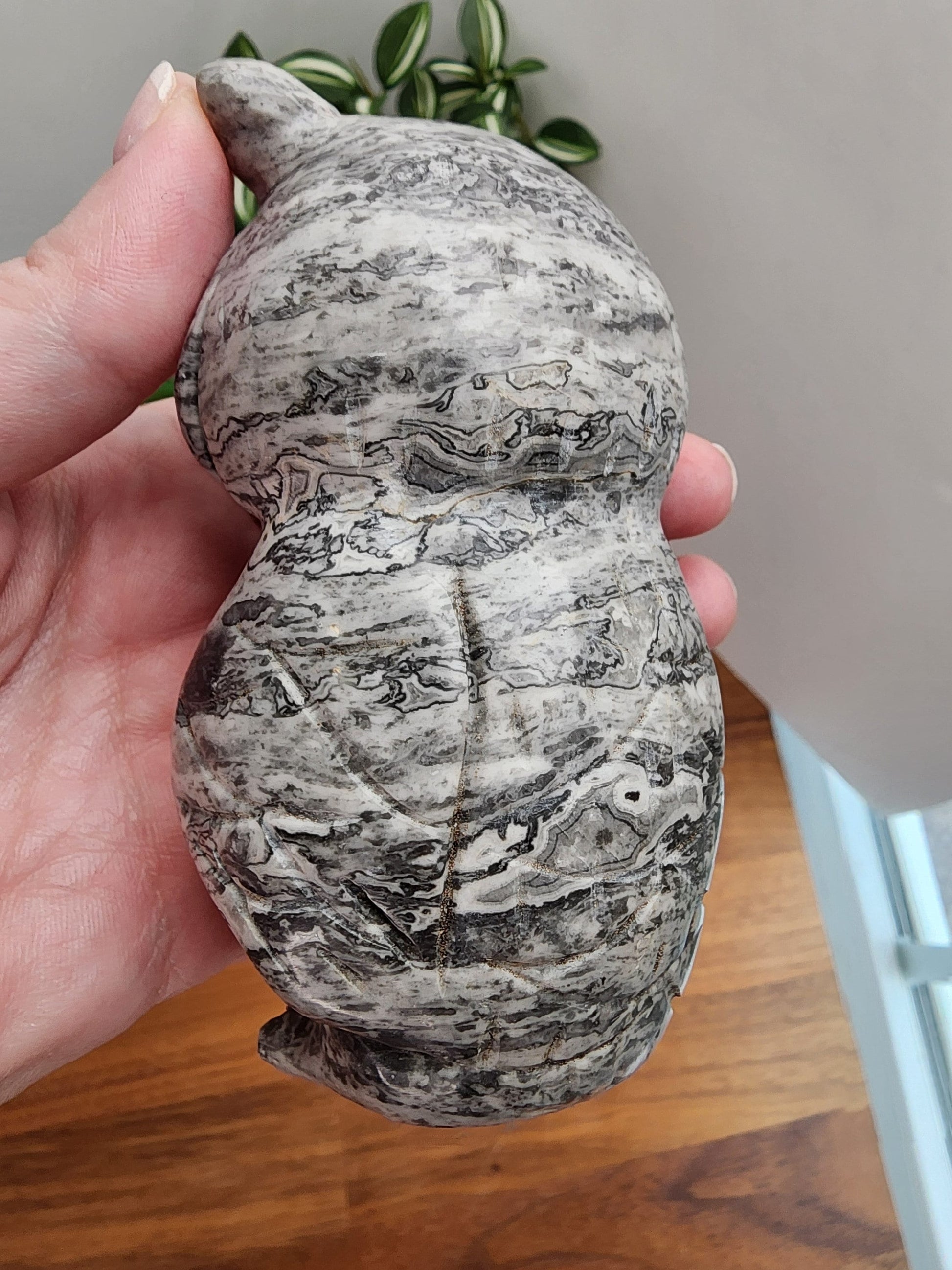 Picasso Jasper Owl Carving: Black & White Crystal Decor