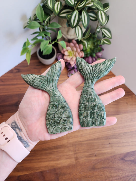 Green Mica Mermaid Tail | 4" Standing Carved Mermaid Crystal | Beachy Decor | Green Fish Tails | Green Jade with Sparkle | 2 Available!