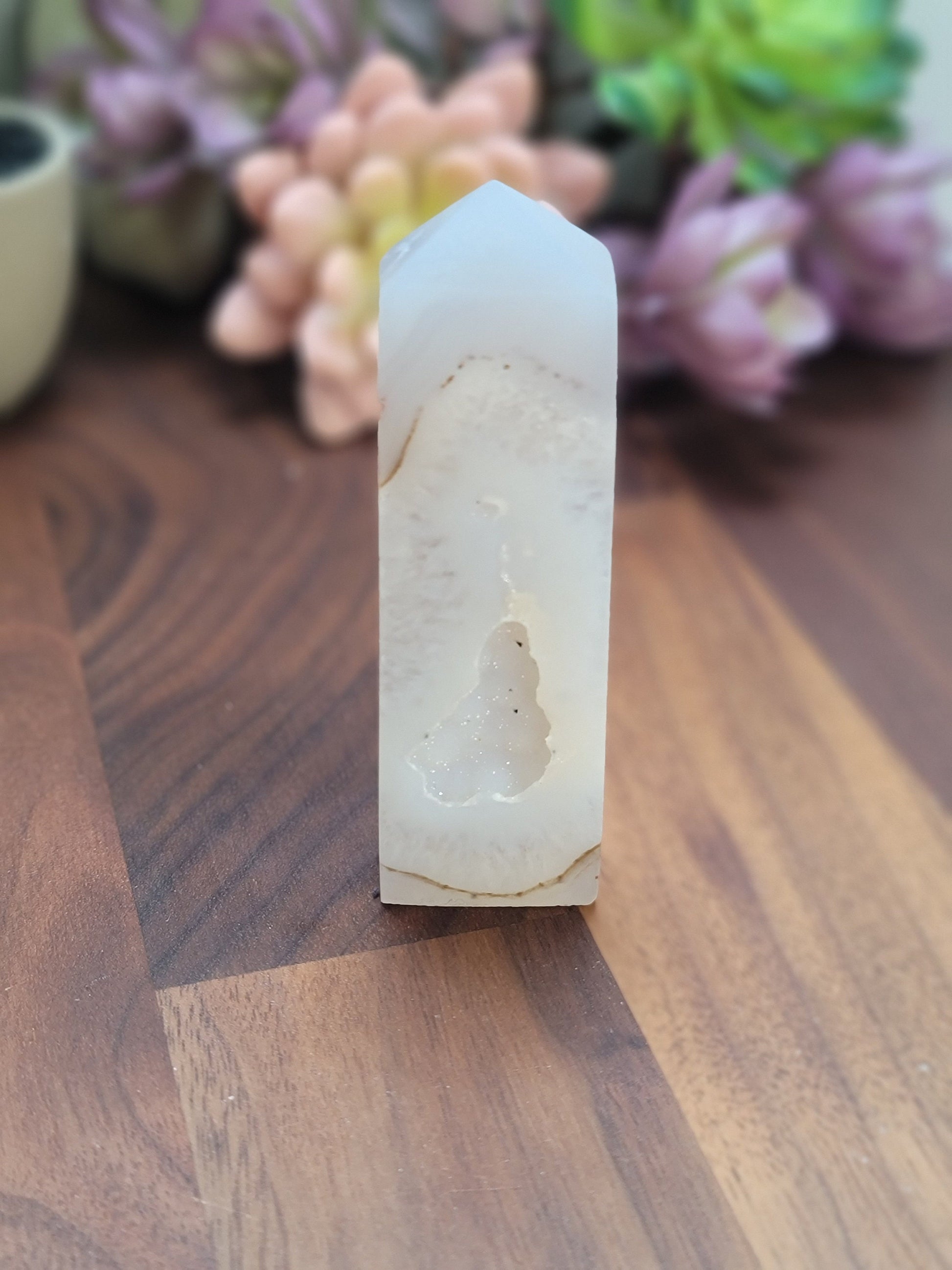 White Druzy Agate Tower | Around 4" Slim | Sparkling Quartz Pocket Point | Only 1 Available